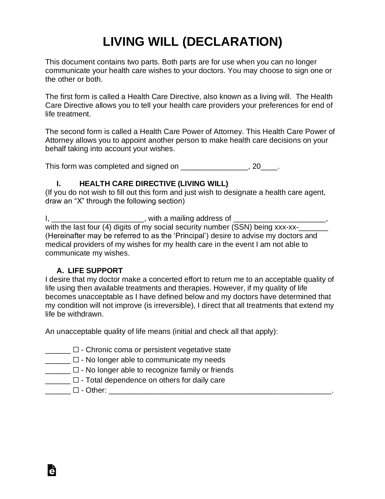 Free Printable Blank Living Will Forms