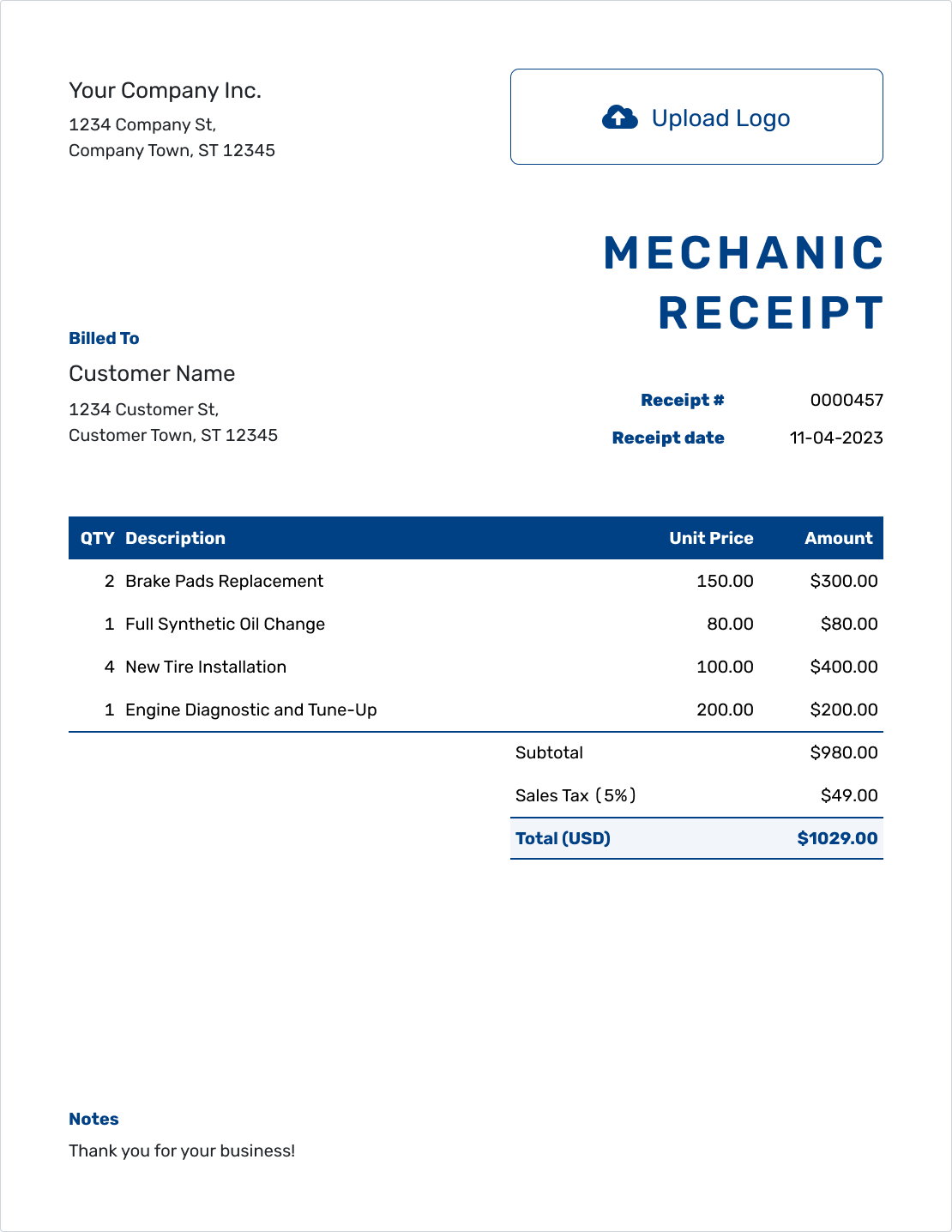 Free Mechanic Receipt Template Docelf