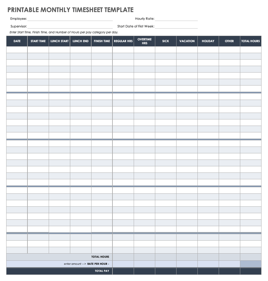 Free Fillable Printable Monthly Timesheet Template