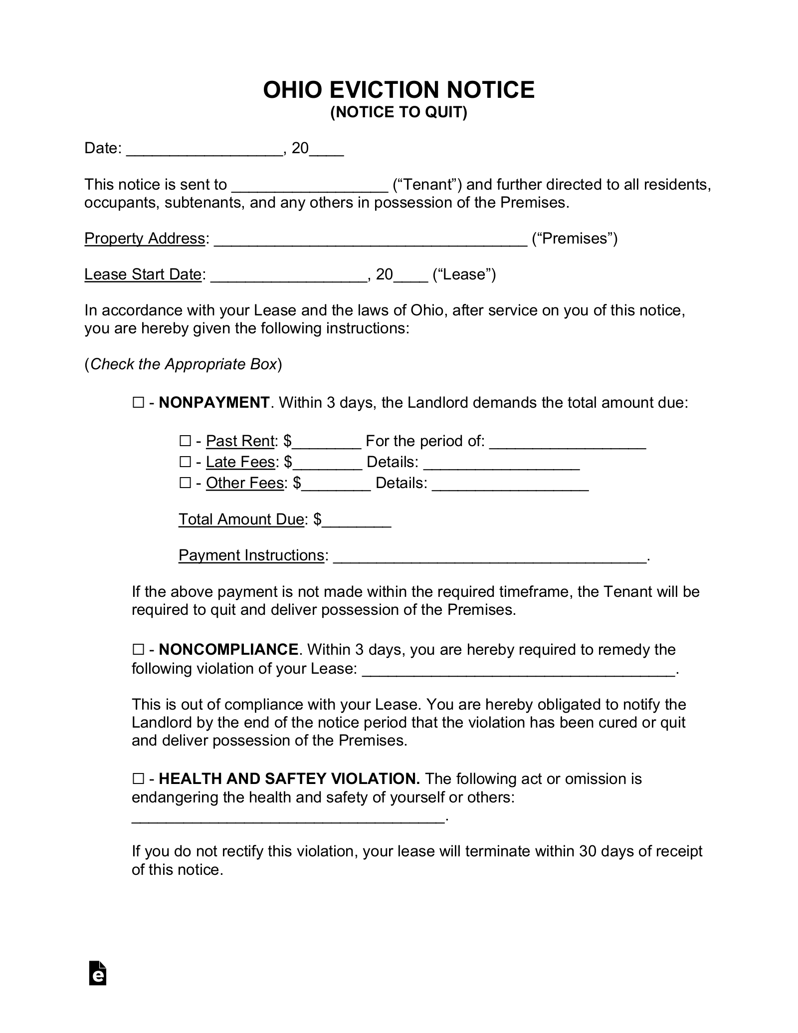 Free Printable Eviction Notice Template Ohio