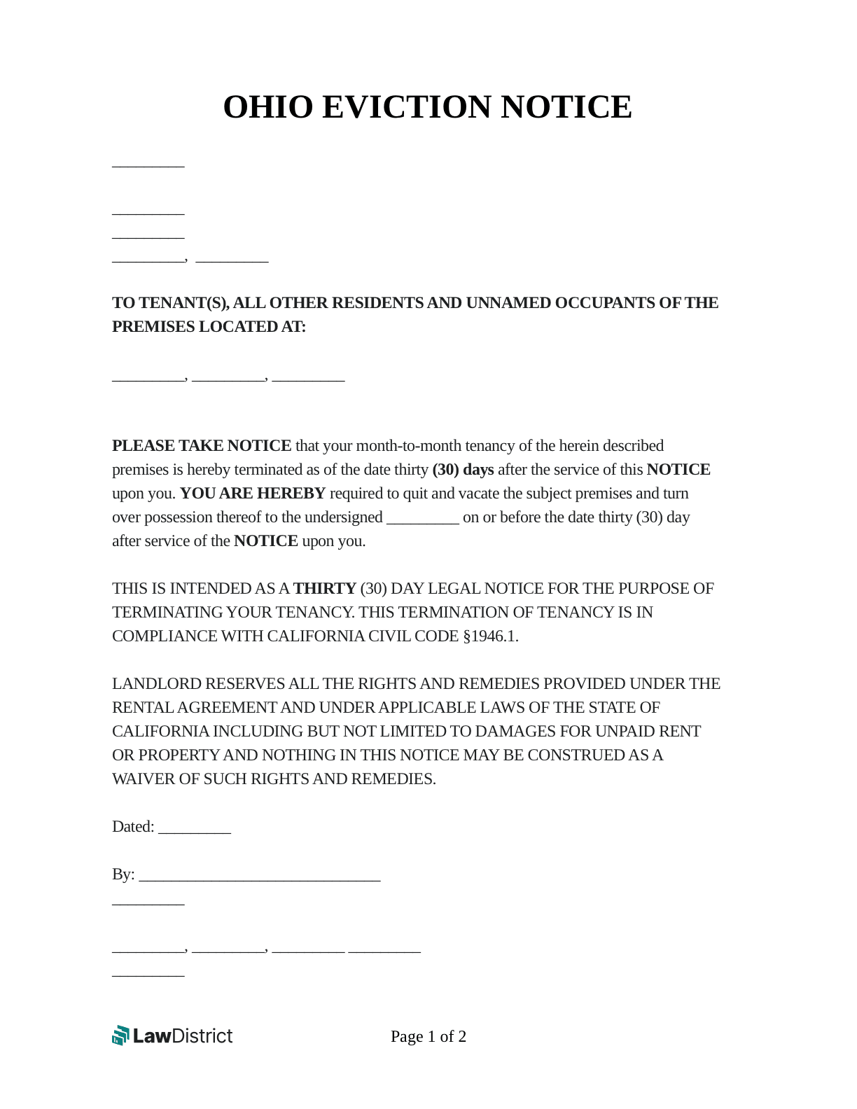 Free Ohio Eviction Notice Laws U0026 Process LawDistrict