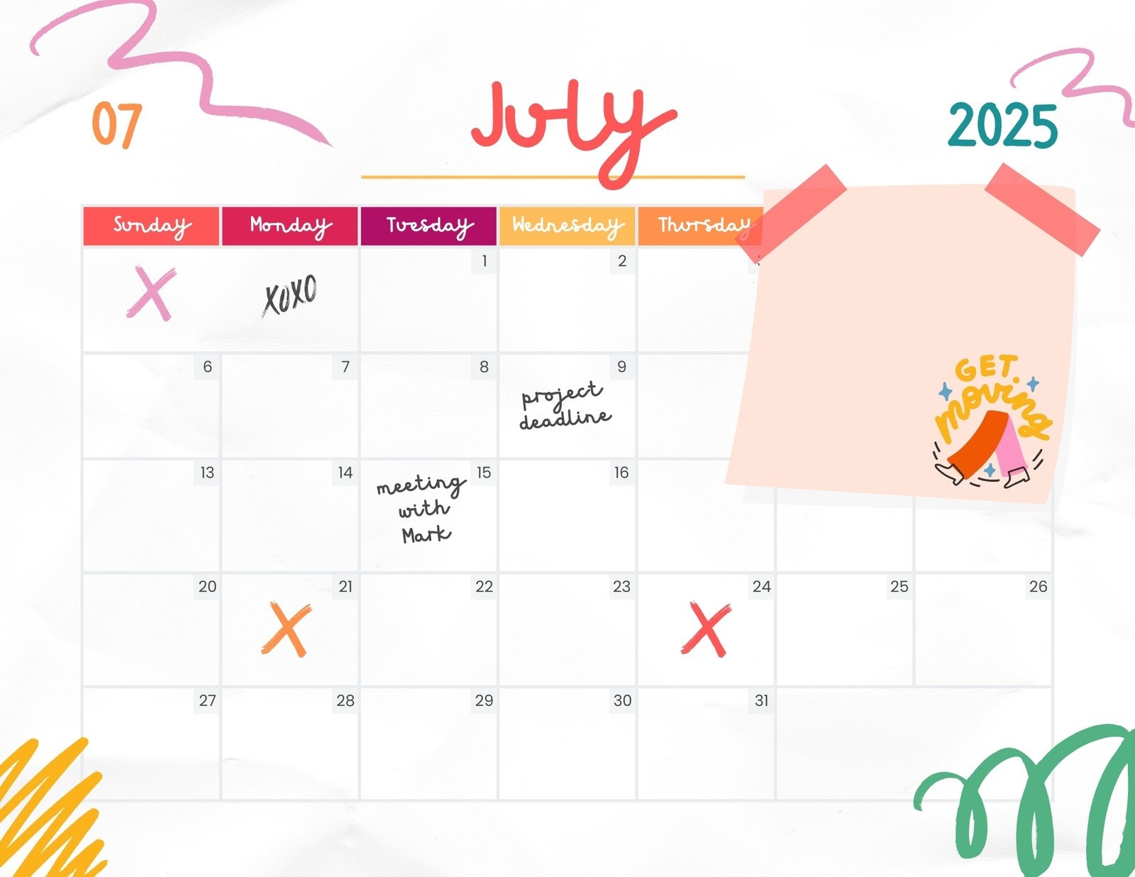 Free Printable Cute Blank July Calendar