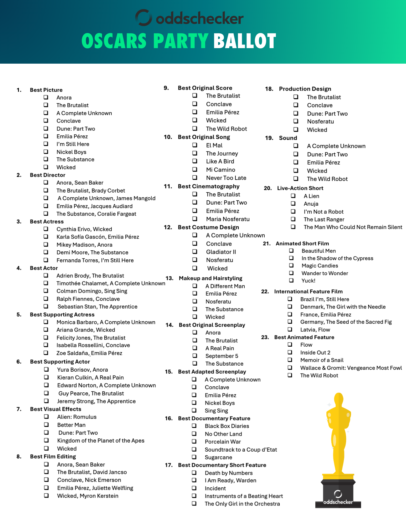 Free Printable Oscars Ballot 2025 Academy Awards Nominees Odds U0026 Cheat Sheet Oddschecker