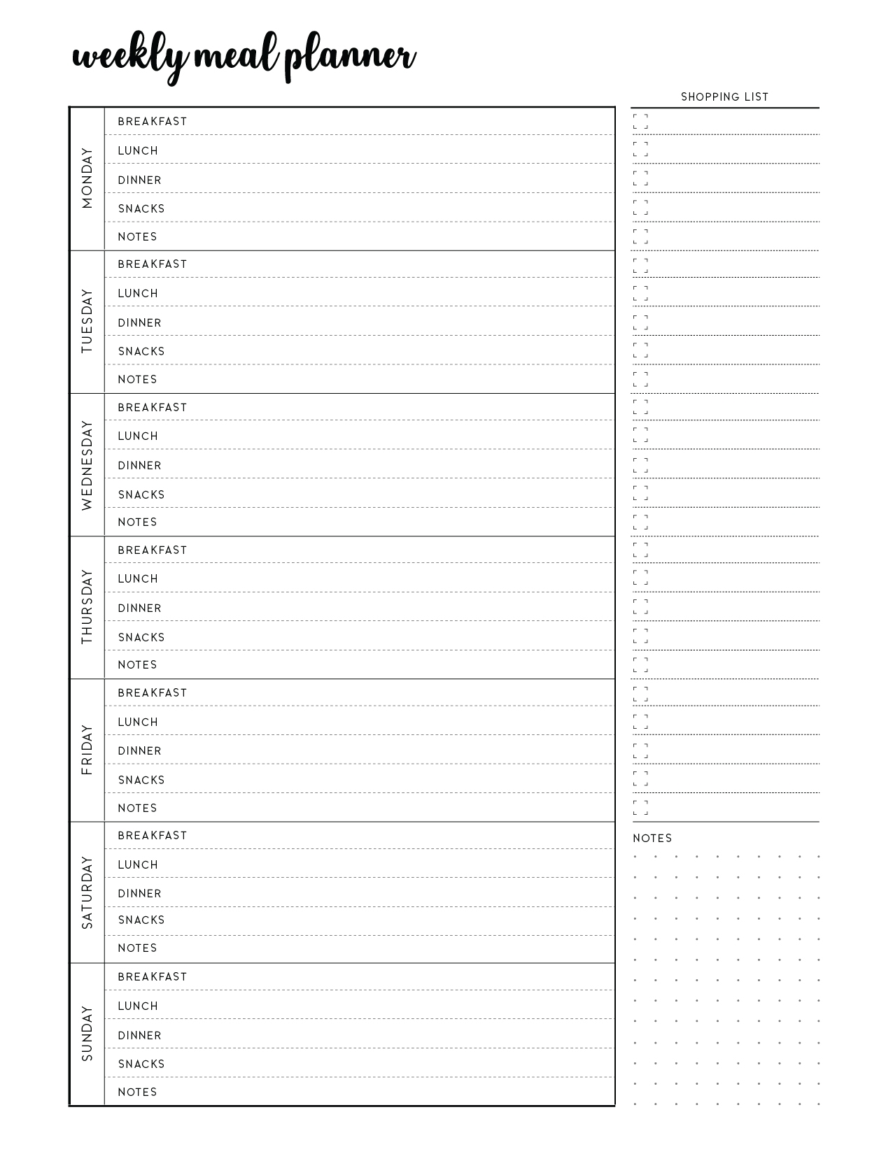 Free Printable Weekly Menu Templates