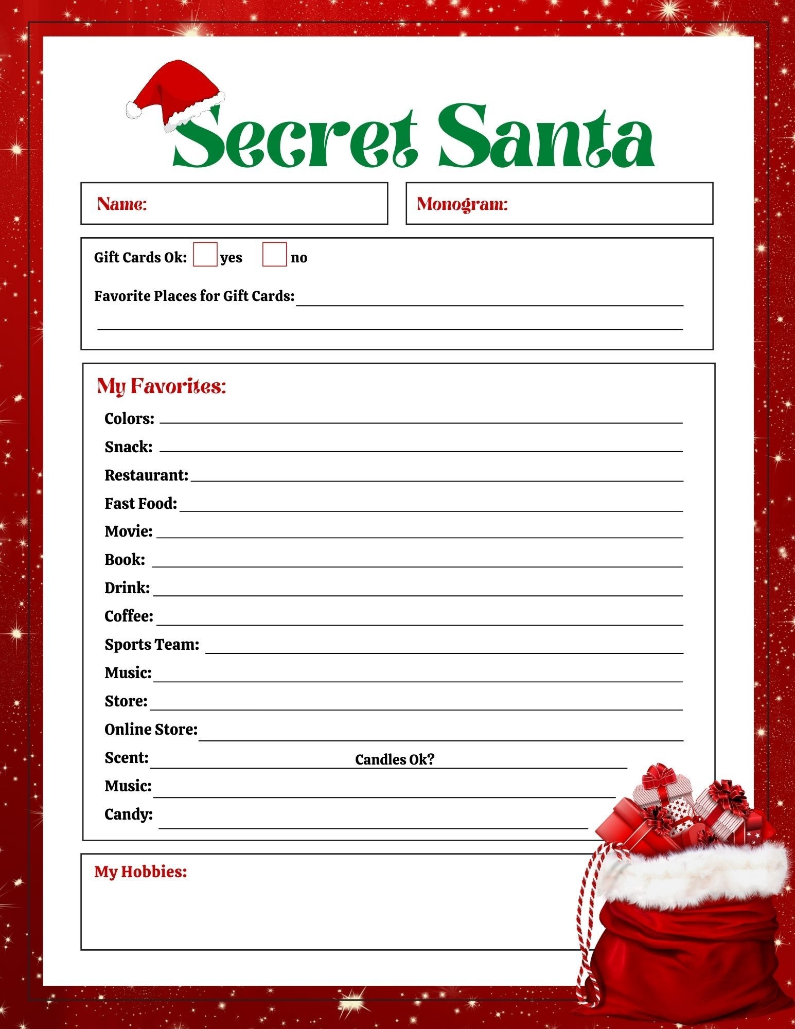 FREE Secret Santa List Printable Questionnaire 2 Options Worksheets Library