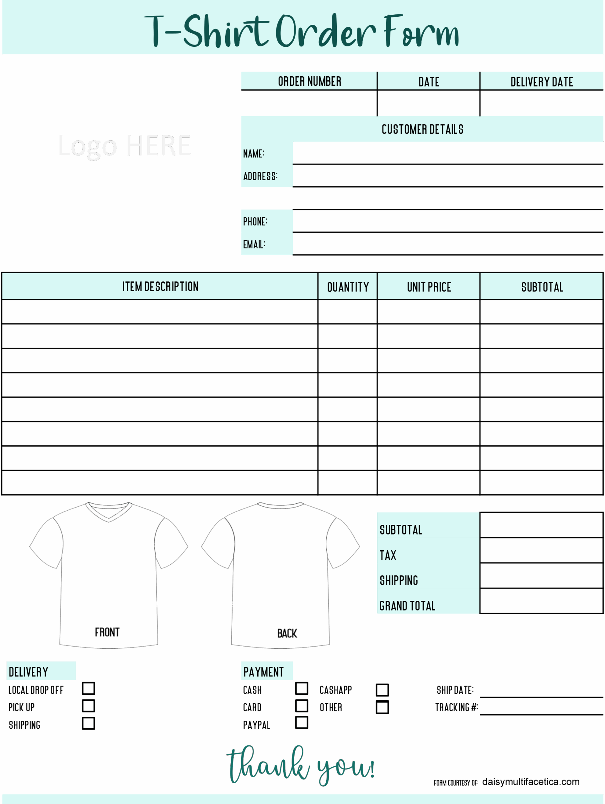 Printable Shirt Order Form Template Free