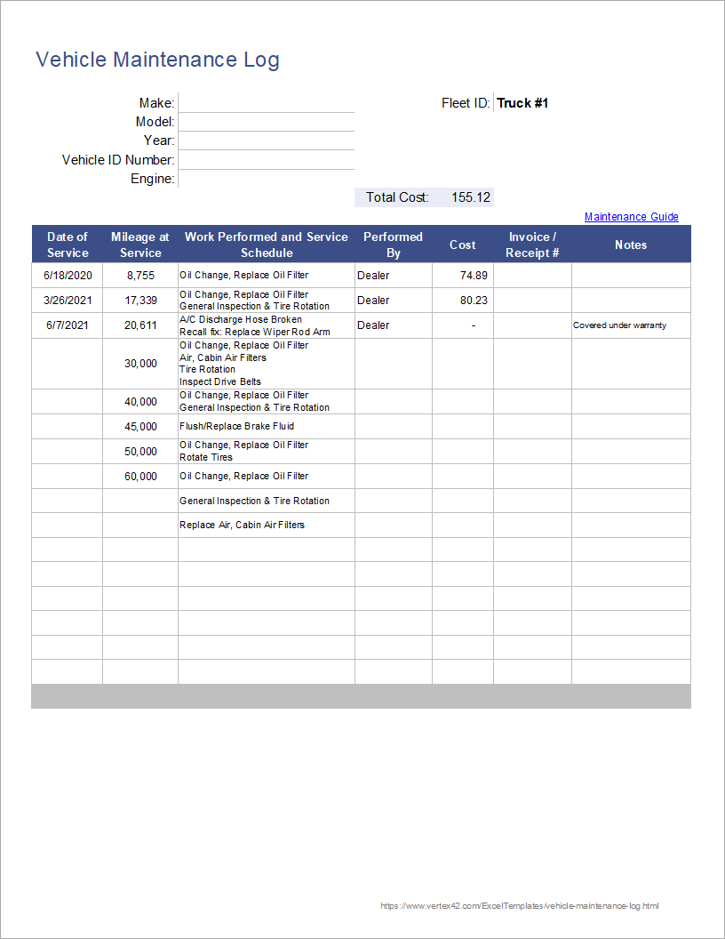 Free Vehicle Maintenance Log Template For Excel Free Vehicle Maintenance Log Template For Excel