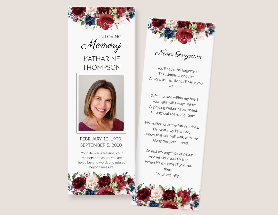 Funeral Bookmark Template Memorial Bookmark With Red Burgundy And Navy Blue Roses Editable And Printable Obituary Bookmark 3389 Etsy