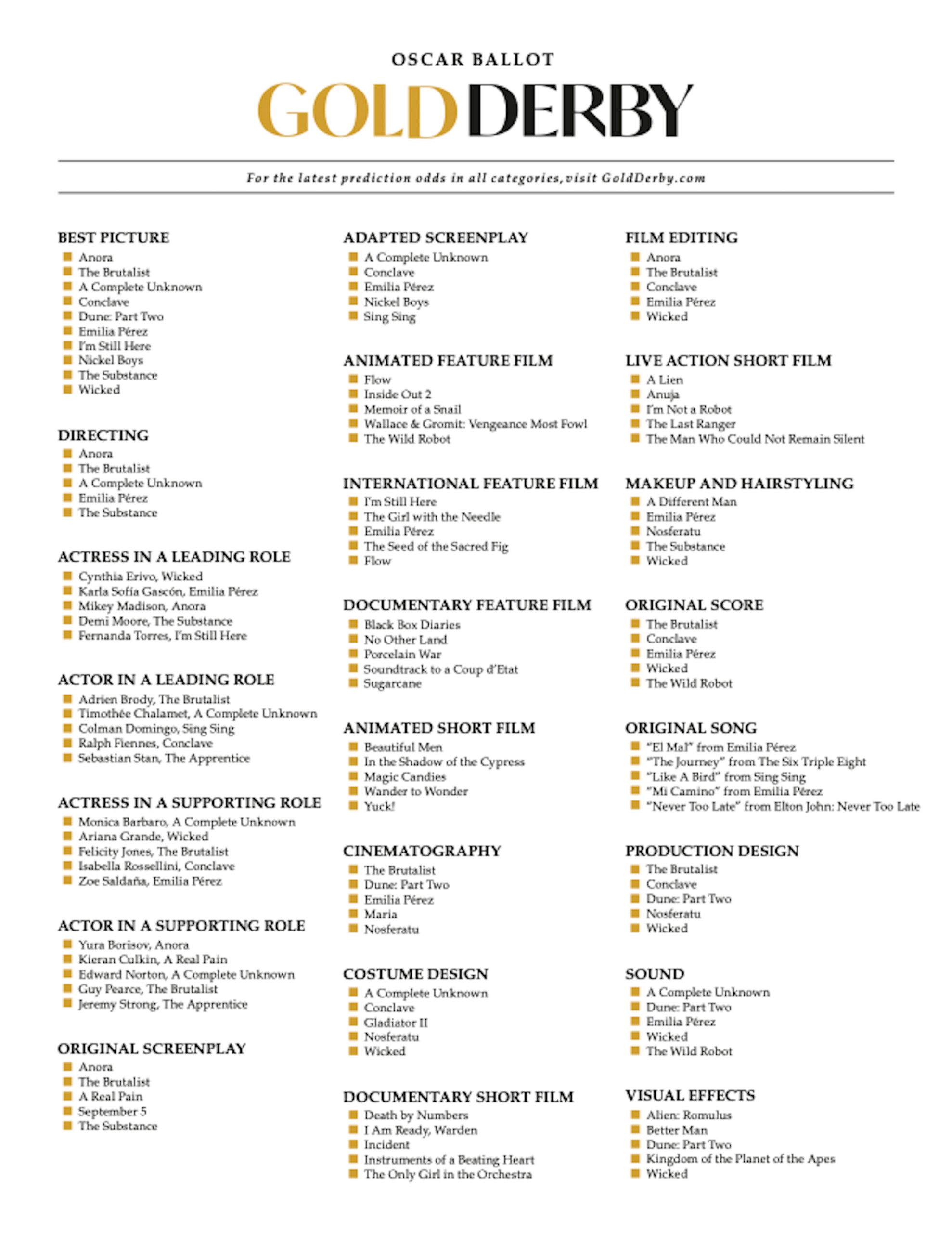 Gold Derby s Printable 2025 Oscars Ballot GoldDerby