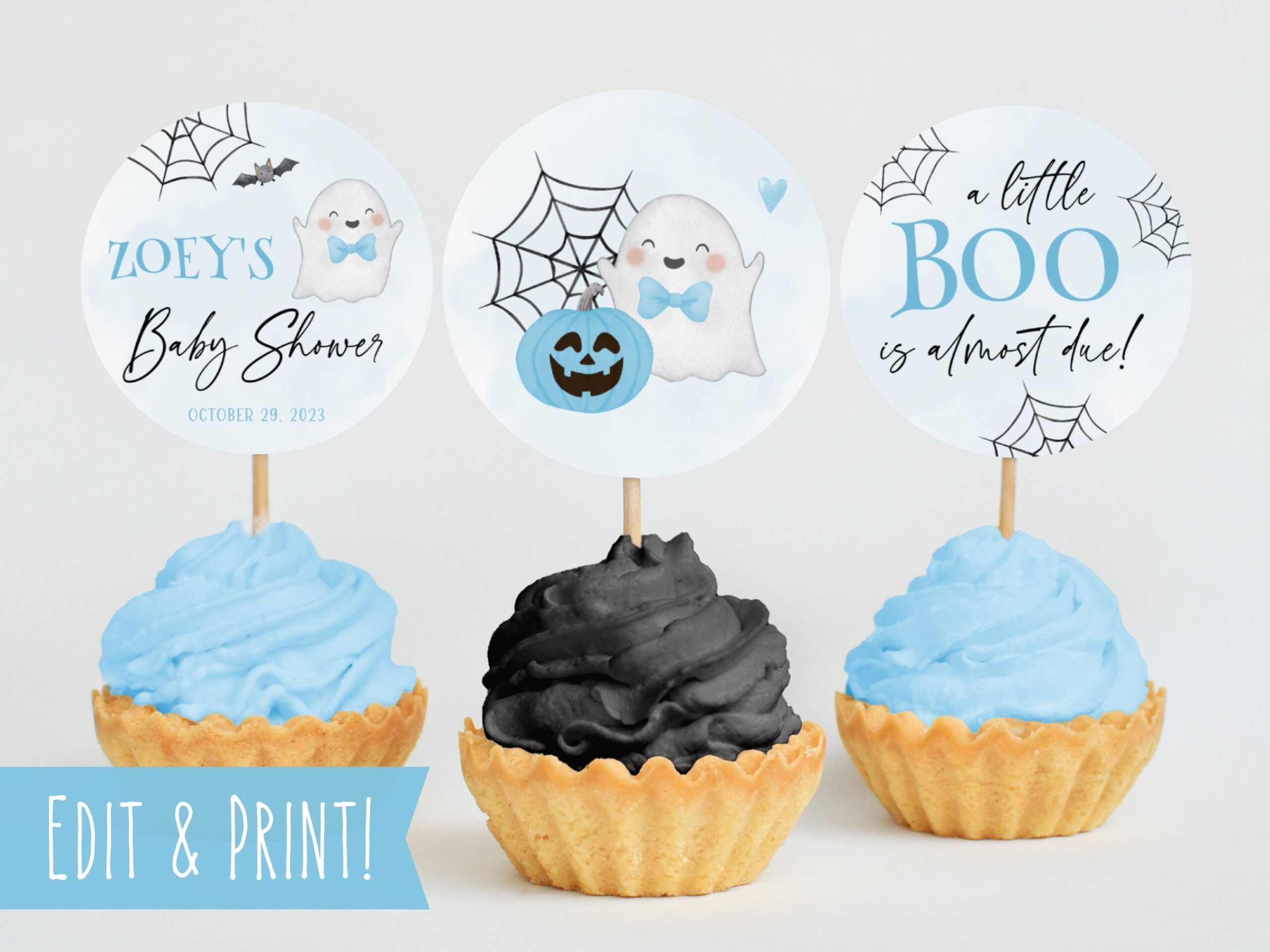 Halloween Baby Shower Cupcake Toppers Template Printable Blue Baby Shower Dessert Toppers Boy Fall Baby Shower Little Boo Is Almost Due Etsy