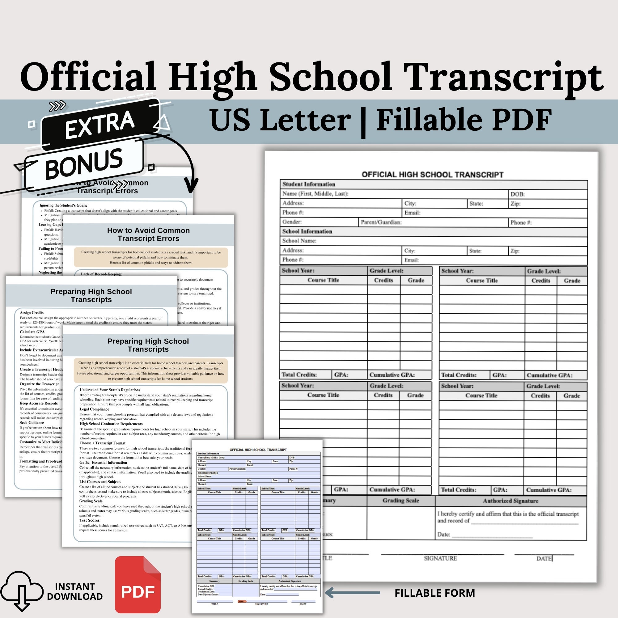 High School Transcript Fillable Homeschool Report Card 
