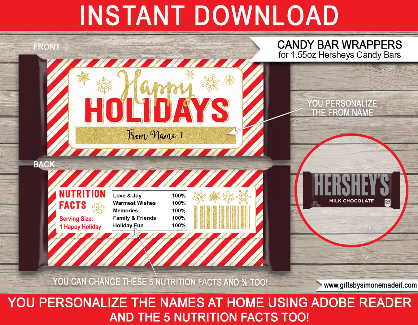 Holiday Candy Bar Wrappers 1 55oz Hersheys Red U0026 Gold