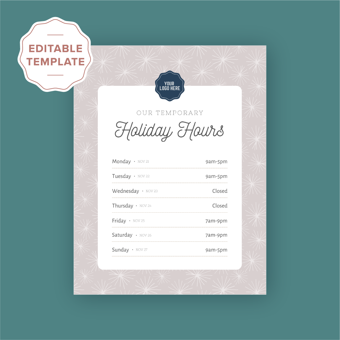 Holiday Hours Store Sign Canva Template