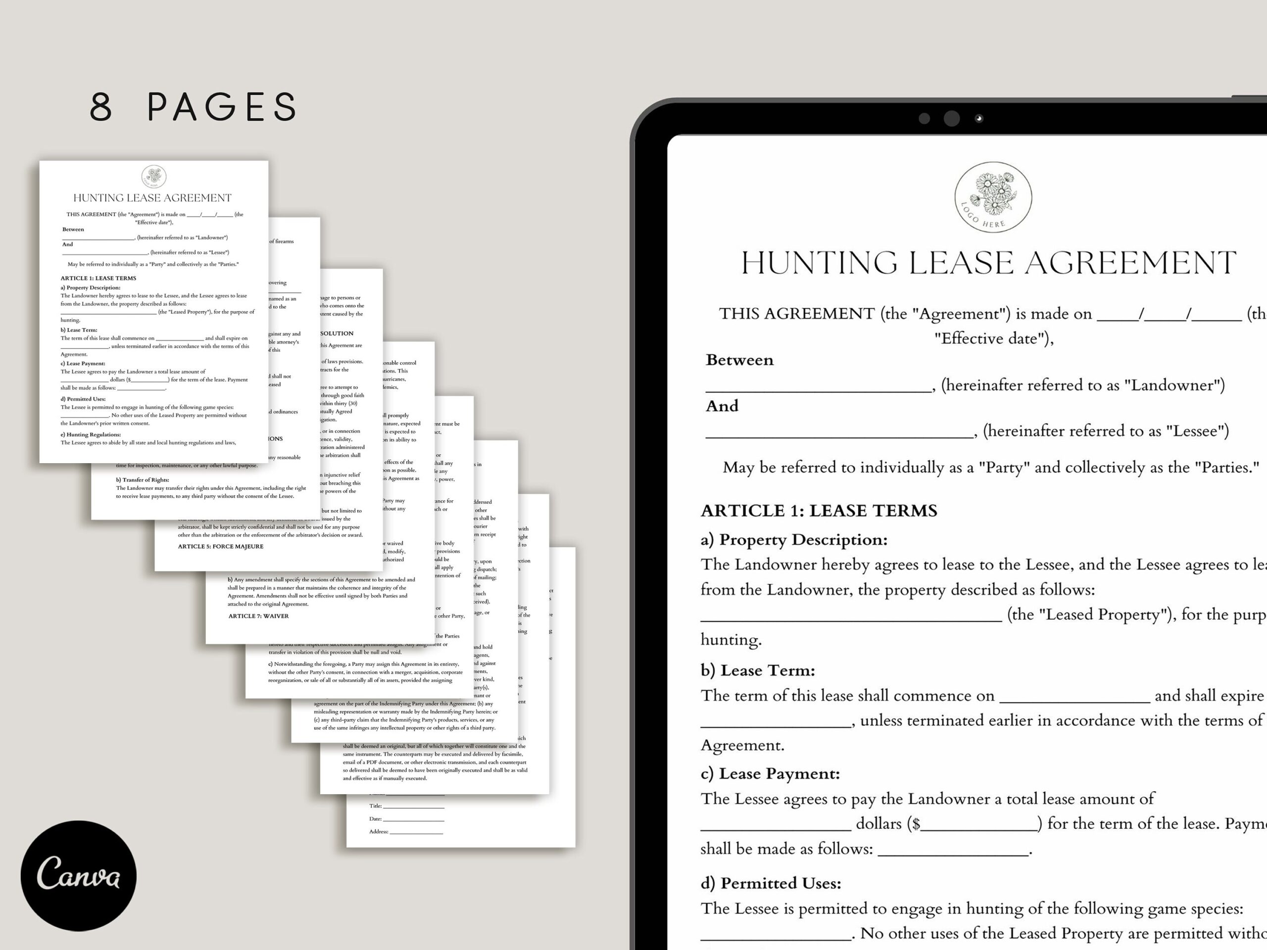 Hunting Lease Agreement Template Hunting Land Lease Agreement Hunting Property Rental Agreement Pdf Canva Etsy