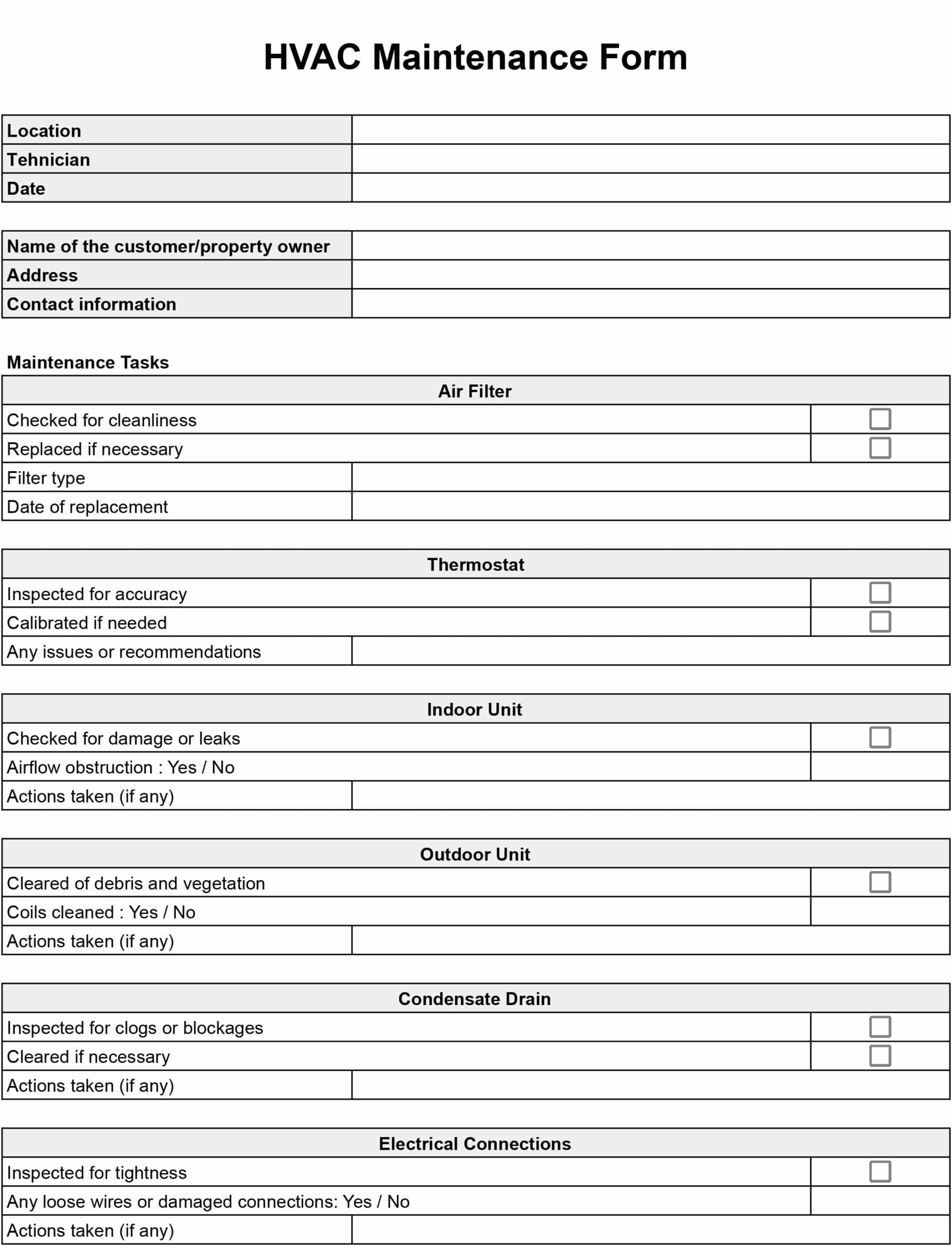 HVAC Maintenance Checklist Templates Download And Print Free