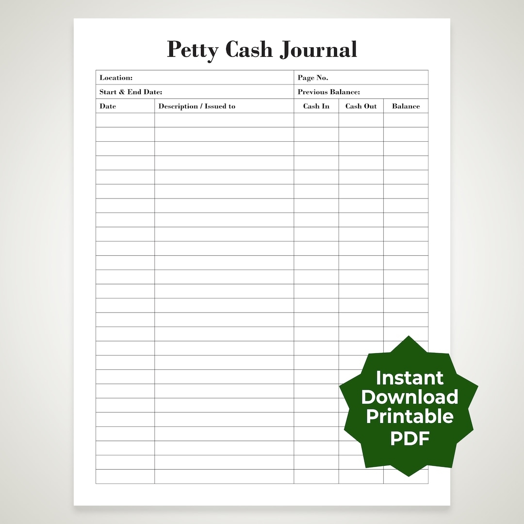 Instant Download Printable Petty Cash Journal 2 Templates A4 U0026 US Letter PDF Etsy