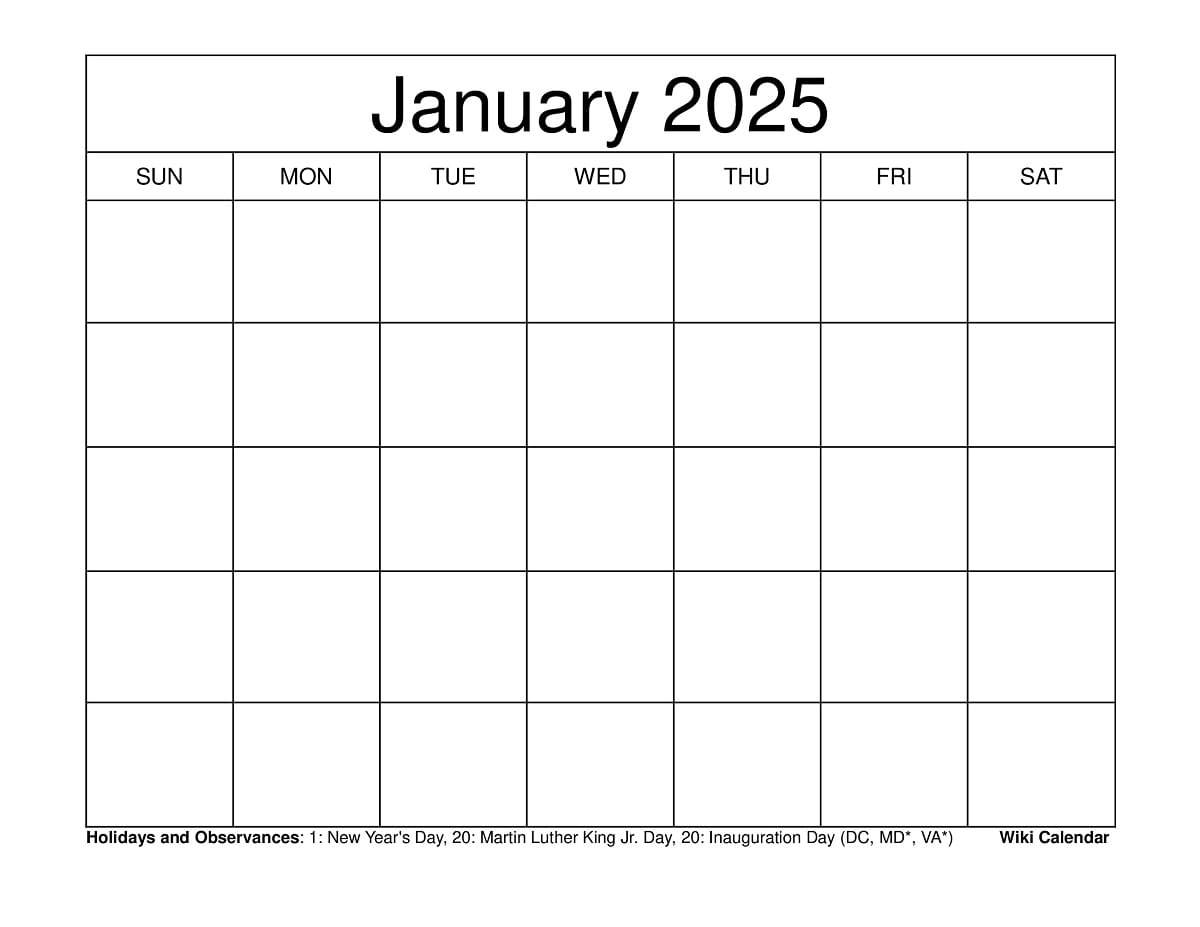 Printable Blank January Calendar