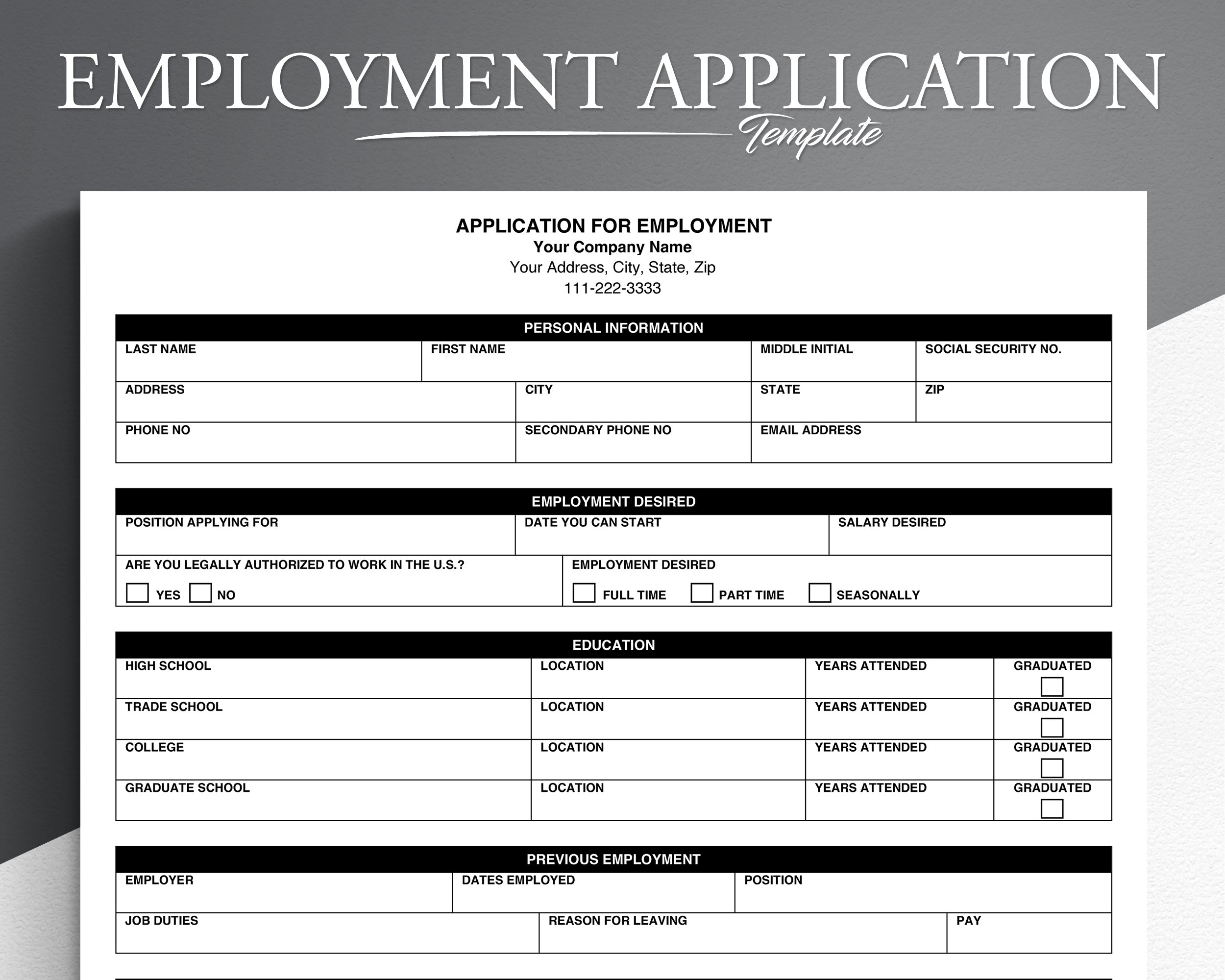 Job Application Form Free Printable