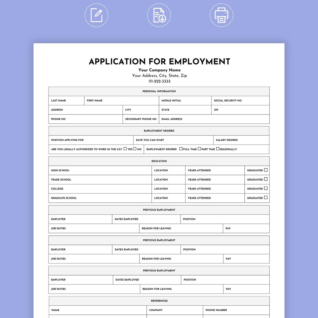 Job Application Template Employment Application Job Application Job Application Template Employment Application Job Application