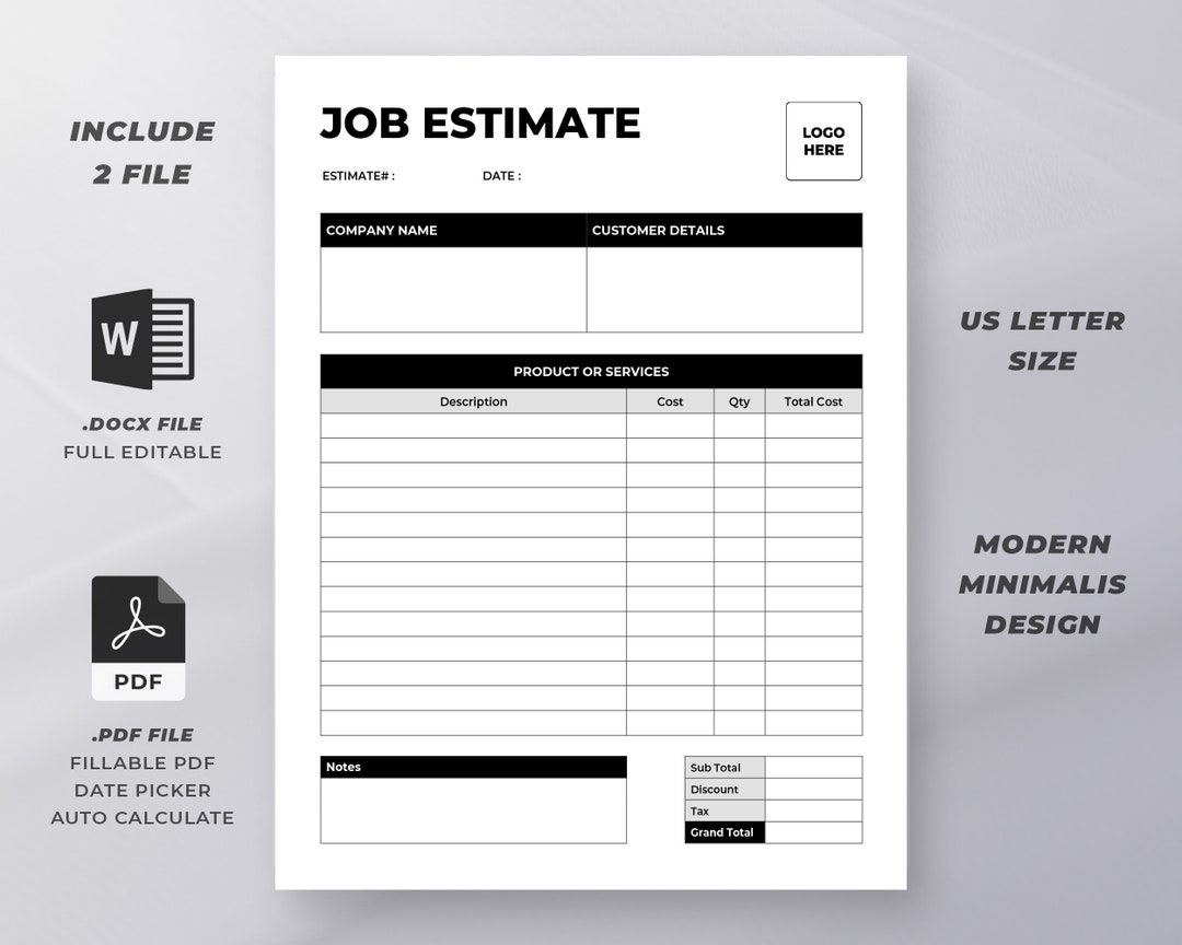 Job Estimate Form Template Editable Estimate Template Printable Estimate Template PDF And Word Template Minimalist Design Style Etsy