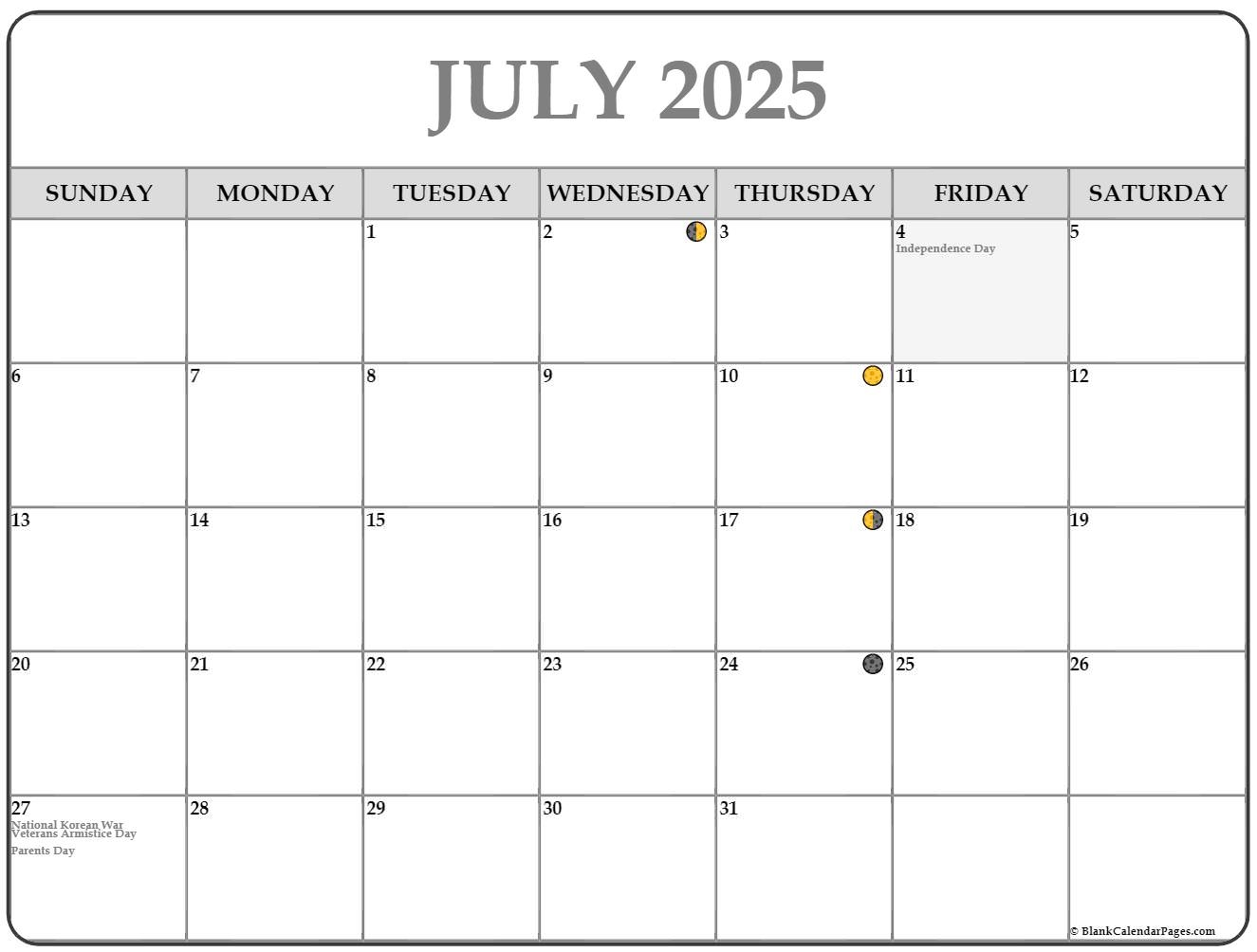 Moon Phase Calendar 2025 July