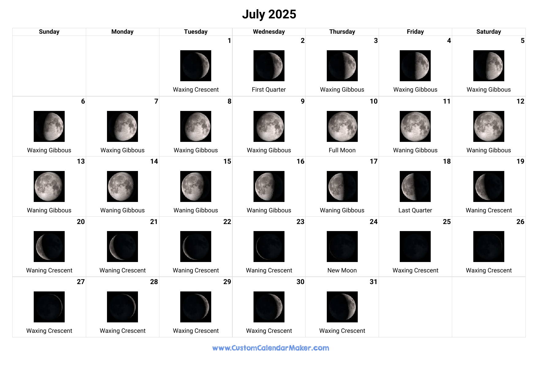 July 2025 Moon Phases Calendar Custom Calendar Maker