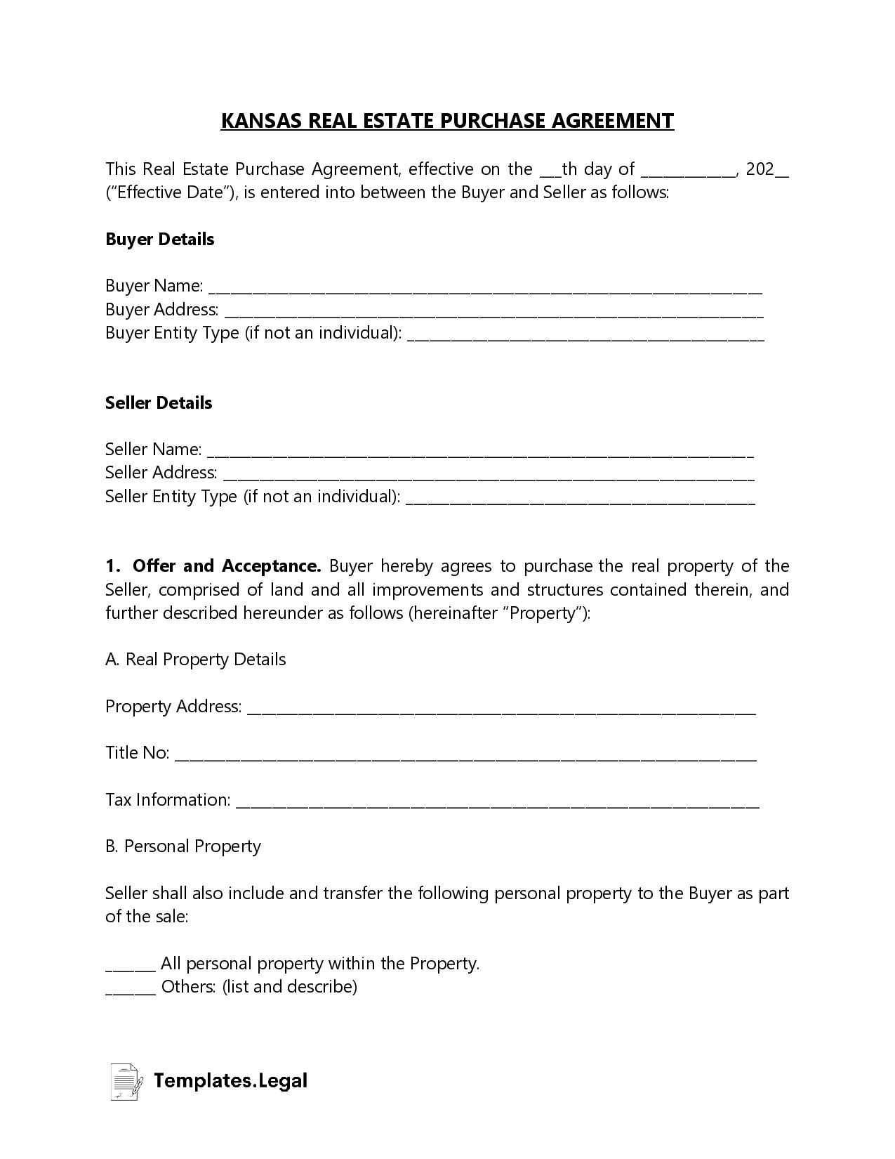 Kansas Purchase Agreement Templates Free Word PDF ODT 