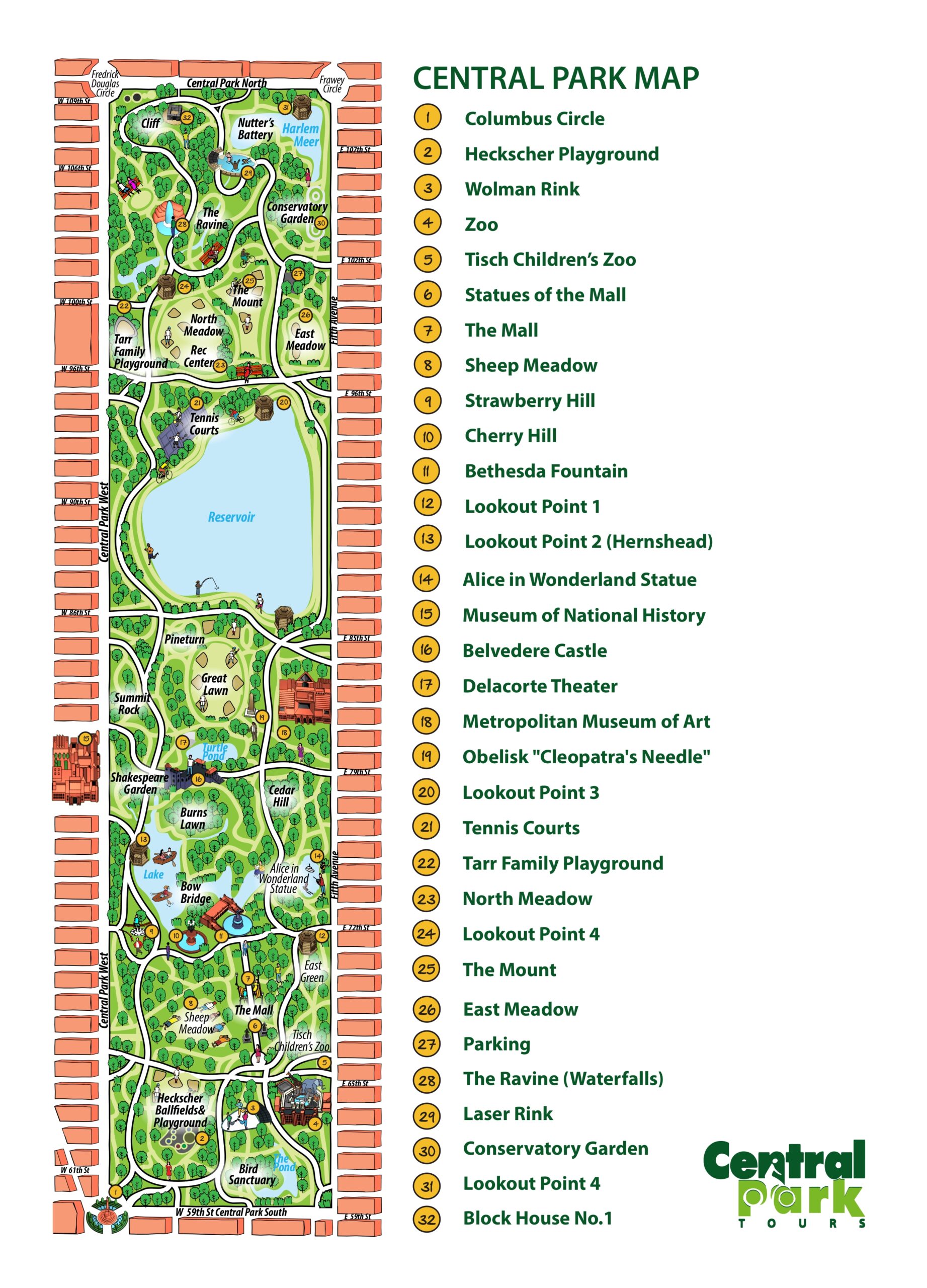 Large Detailed Map Of Attractions In Central Park NY City New