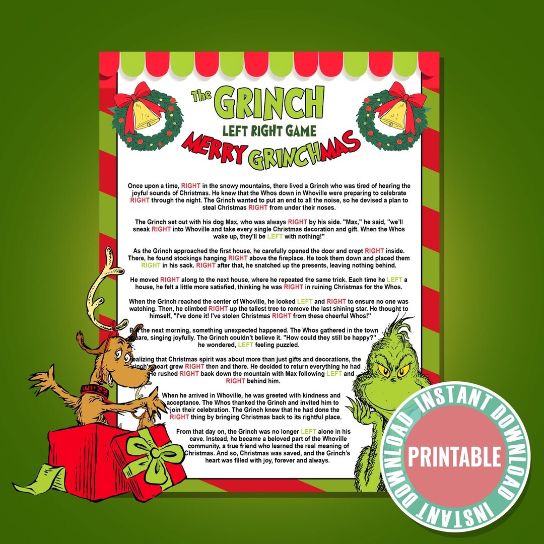 Left Right Game Grinch s Gift Exchange Adventure Christmas Left Right Game Pass The Present Party Fun For Adults Etsy