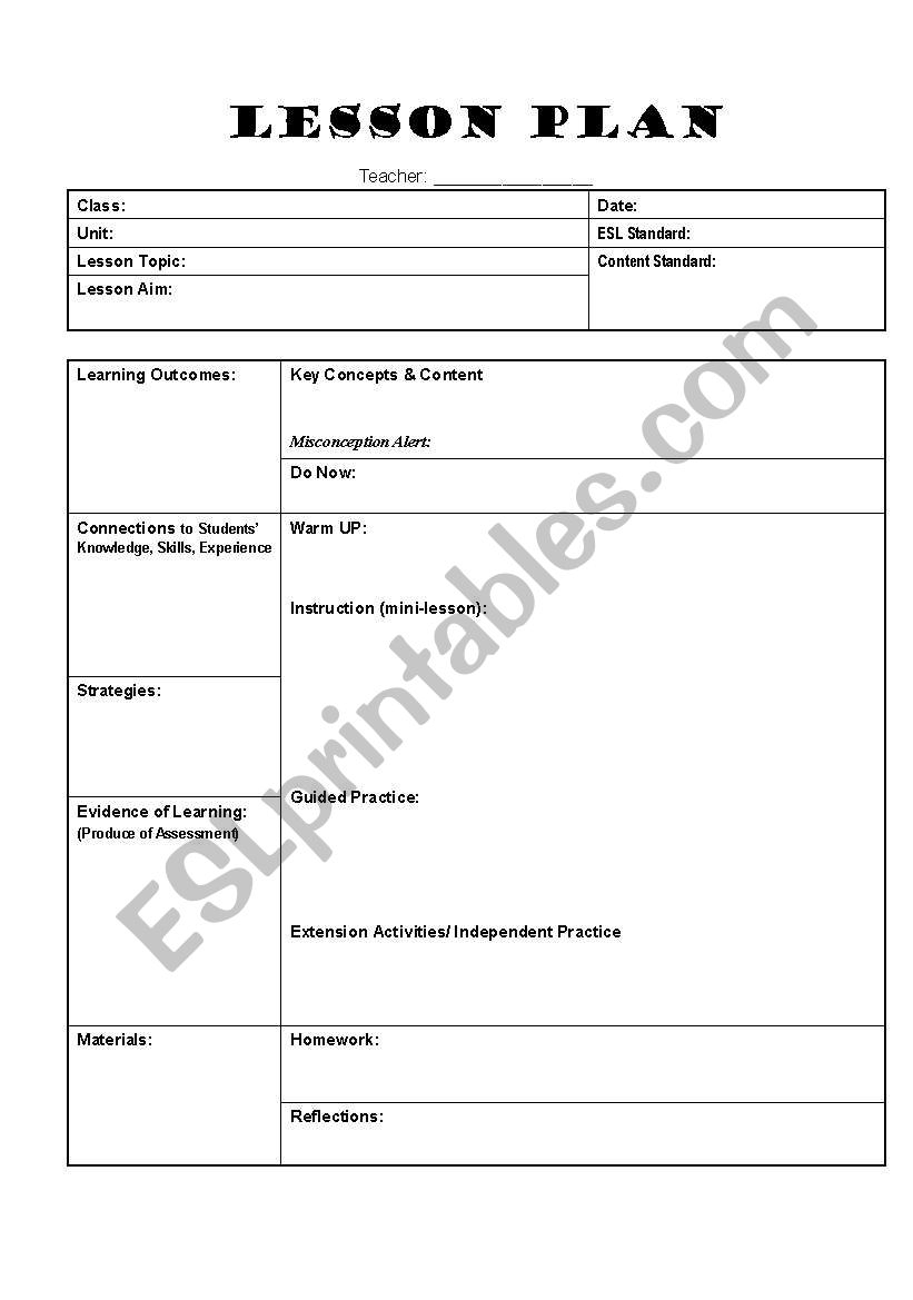 Free Printable Esl Lesson Plan Template