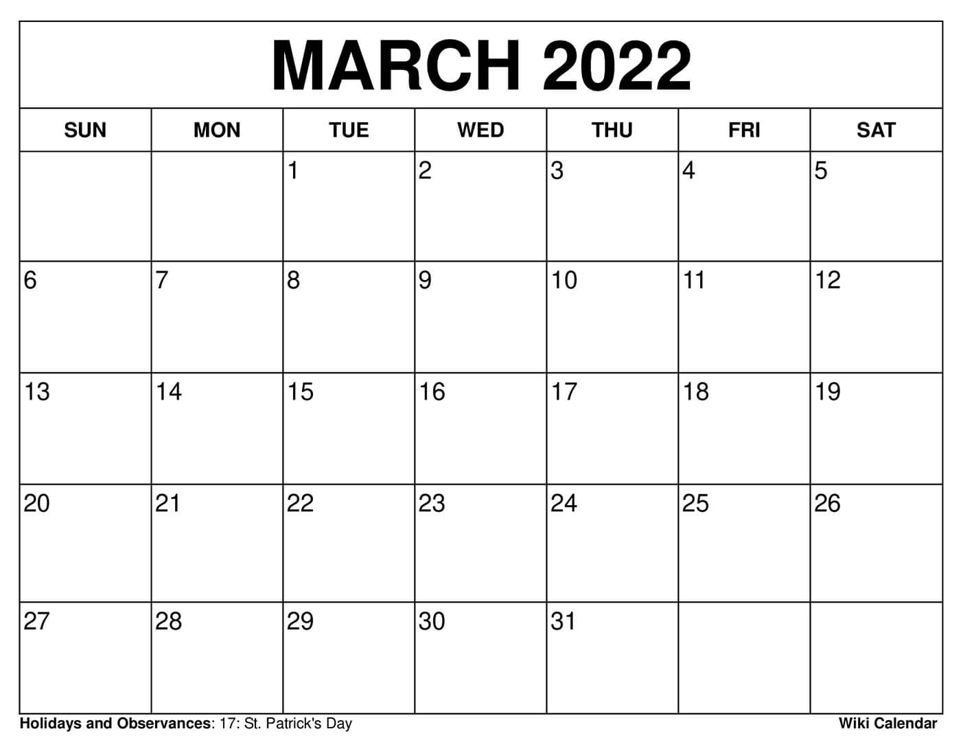 Blank Calendar Of March Printable