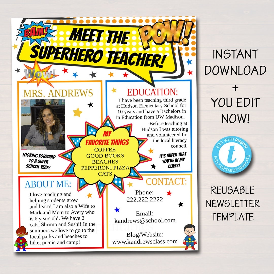 Meet The Teacher Superhero Theme Classroom Newsletter Flyer Printable Handout Back To School Parent Communication Letter EDITABLE Template Etsy