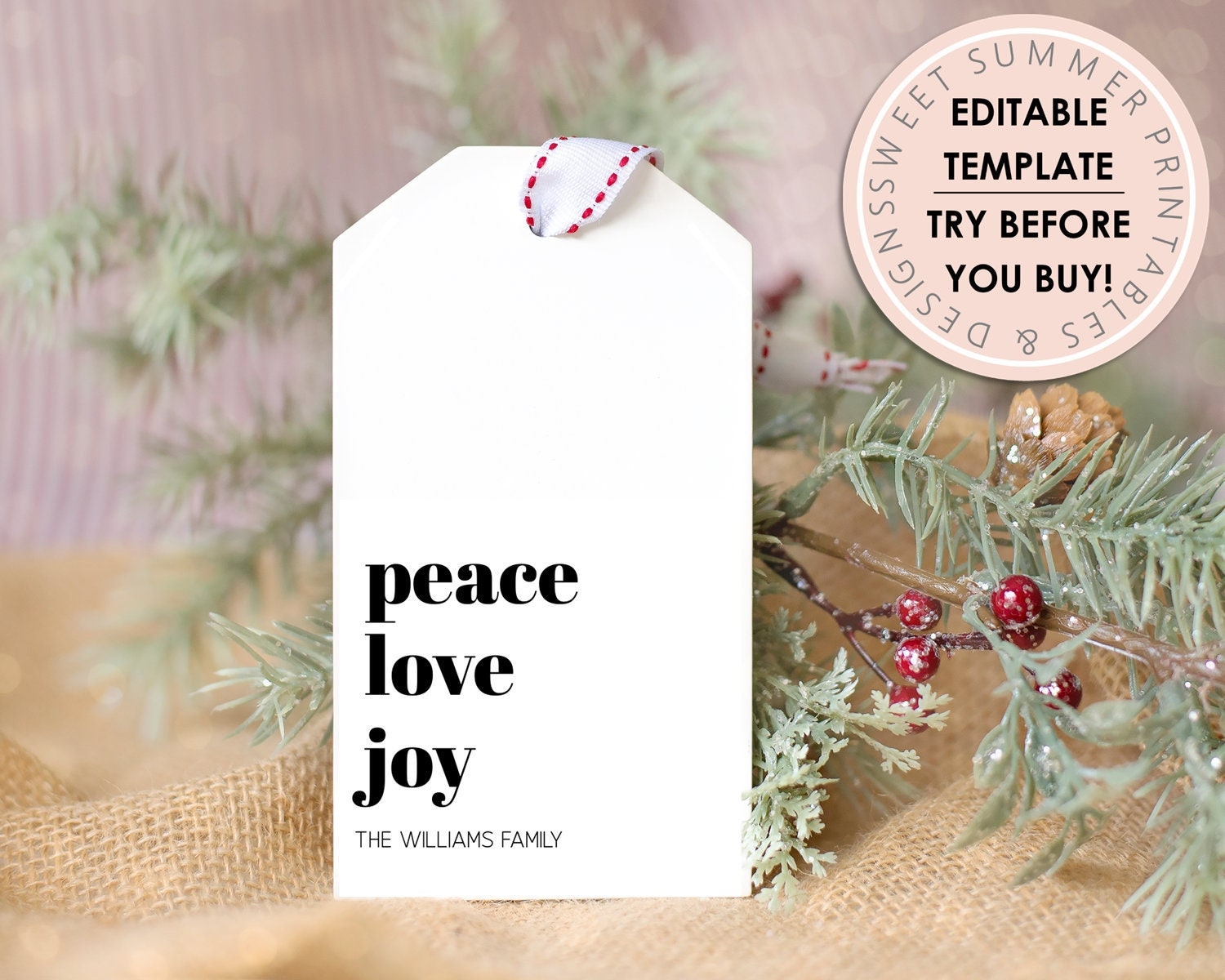 Minimalist Peace Love Joy Gift Tag Printable Editable Christmas Gift Tag Holiday Tag Christmas Gift Tag Editable Modern Christmas Etsy