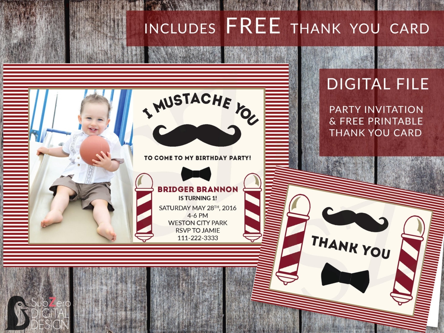Mustache Birthday Invitation And FREE Matching Printable Mustache Thank You Card Customized Vintage Barbershop Invite 5x7 Digital JPG File