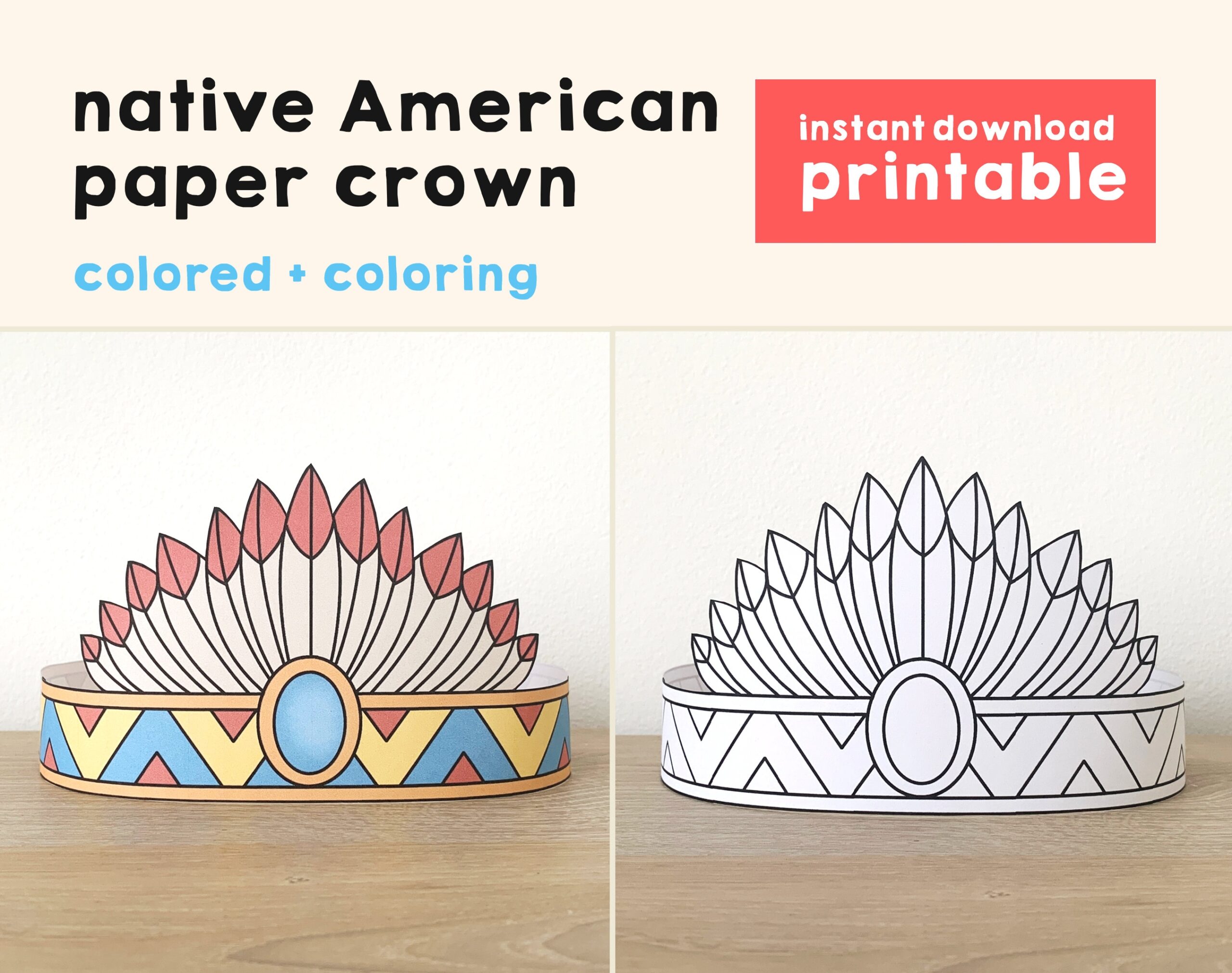 Native American Paper Craft Headdress Crown Party Coloring Printable Kids Indian Birthday Decor Printable Favor Pdf Costume Instant Download Etsy