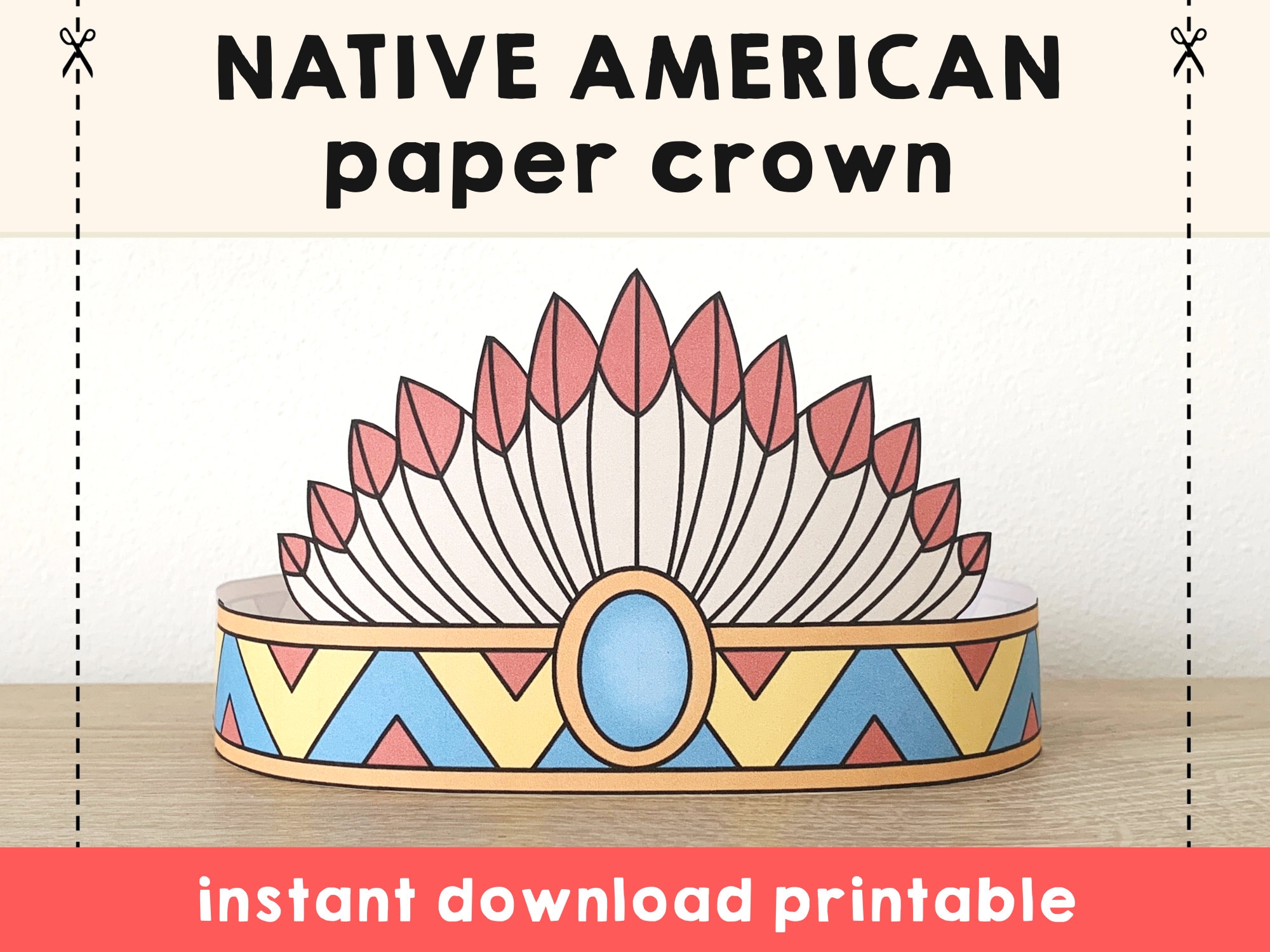 Native American Paper Craft Headdress Crown Party Template Printable Kids Indian Birthday Decor Printable Favor Pdf Costume Instant Download Etsy