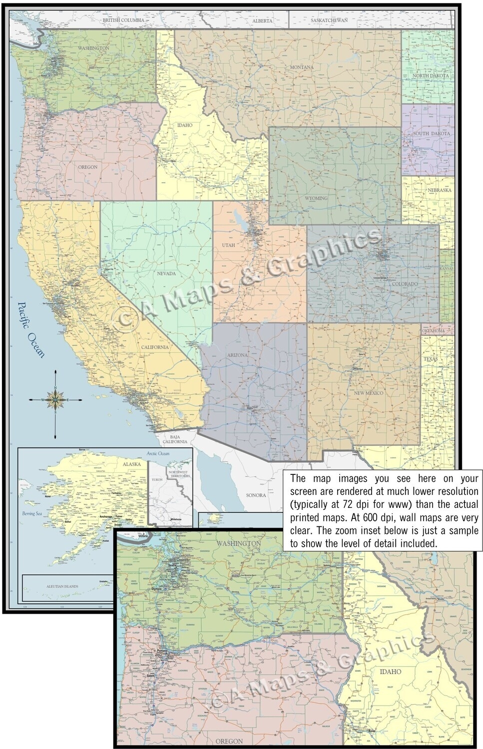 New Detailed Wall Map Western USA Laminated