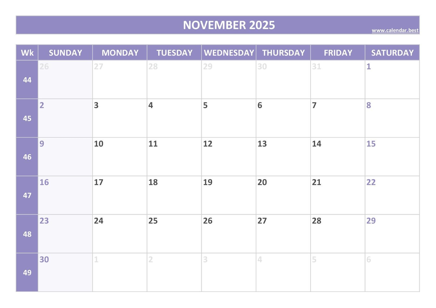 November 2025 Day Calendar