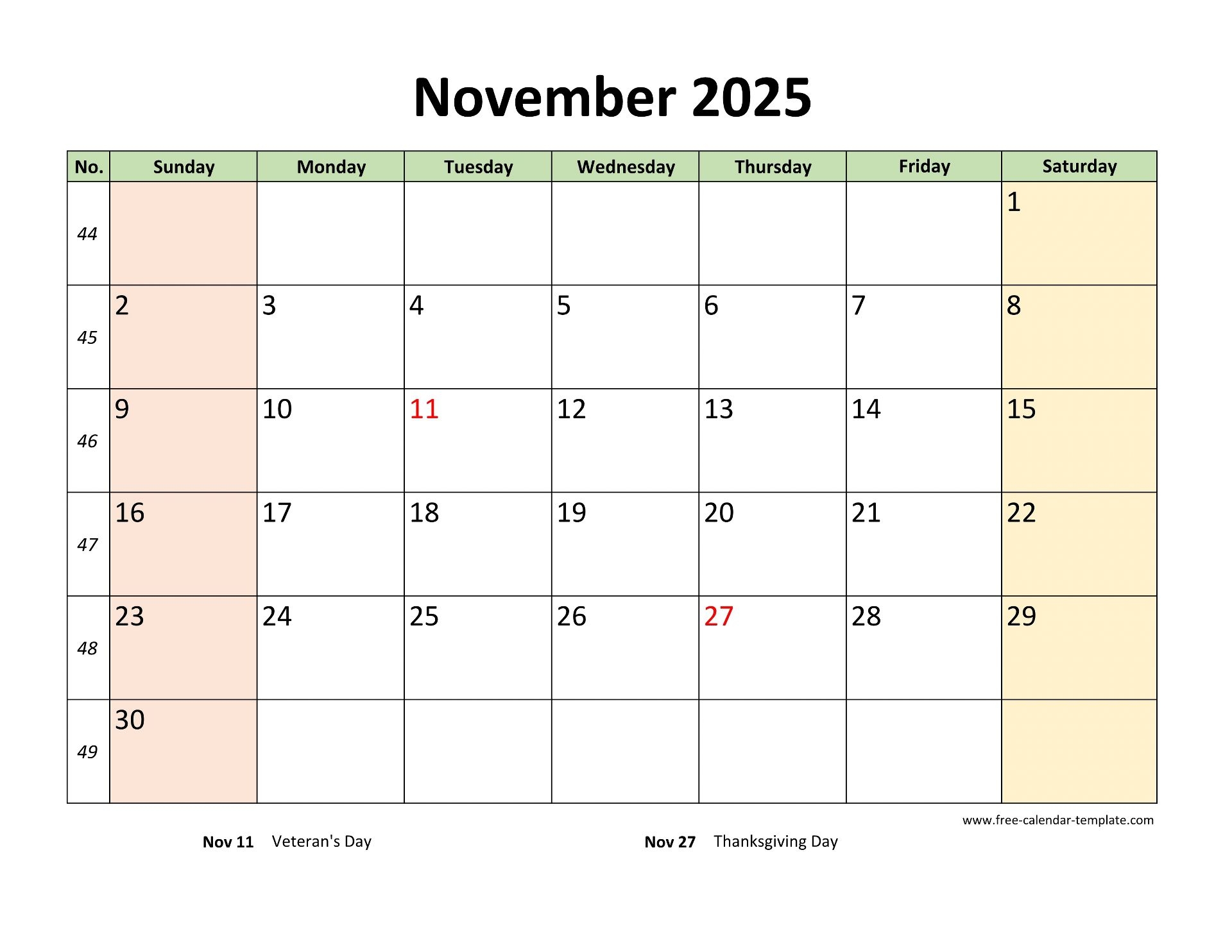 November 2025 Calendar Printable With Coloring On Weekend horizontal Free calendar template