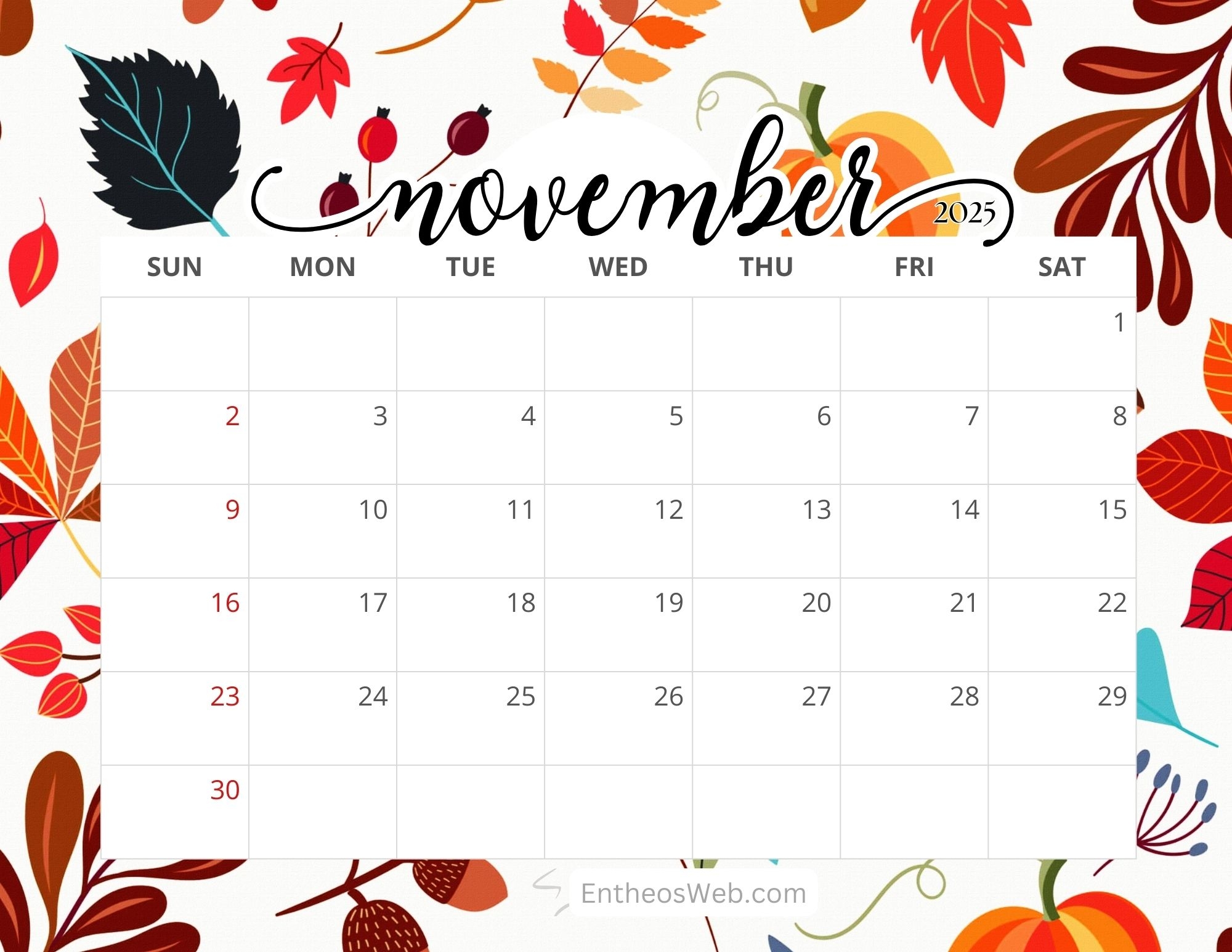 November 2025 Calendar Day November 2025 Calendar Day