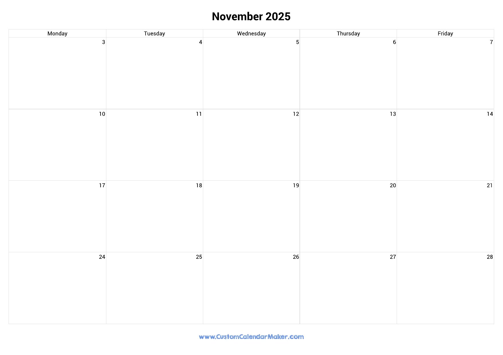 November 2025 Calendar Weekdays Only Monday To Friday Custom Calendar Maker