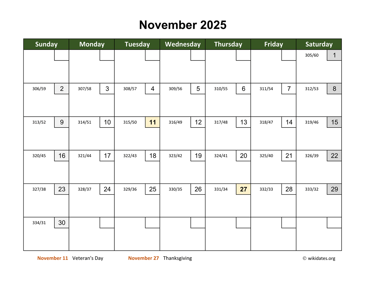 November 2025 Calendar Days