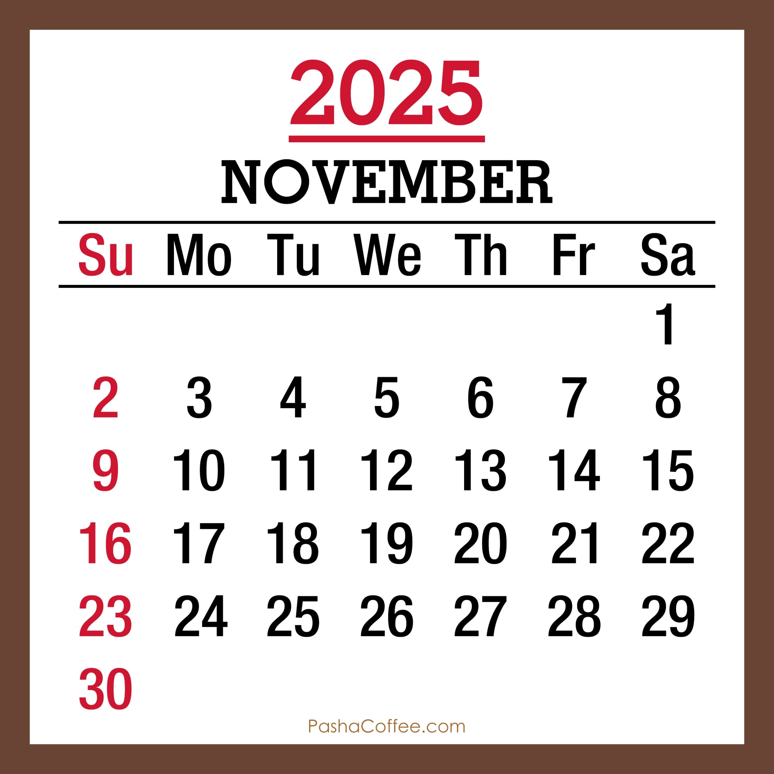 November 2025 Monthly Calendar Printable Free Brown Sunday Start PashaCoffee November 2025 Monthly Calendar Printable Free Brown Sunday Start PashaCoffee