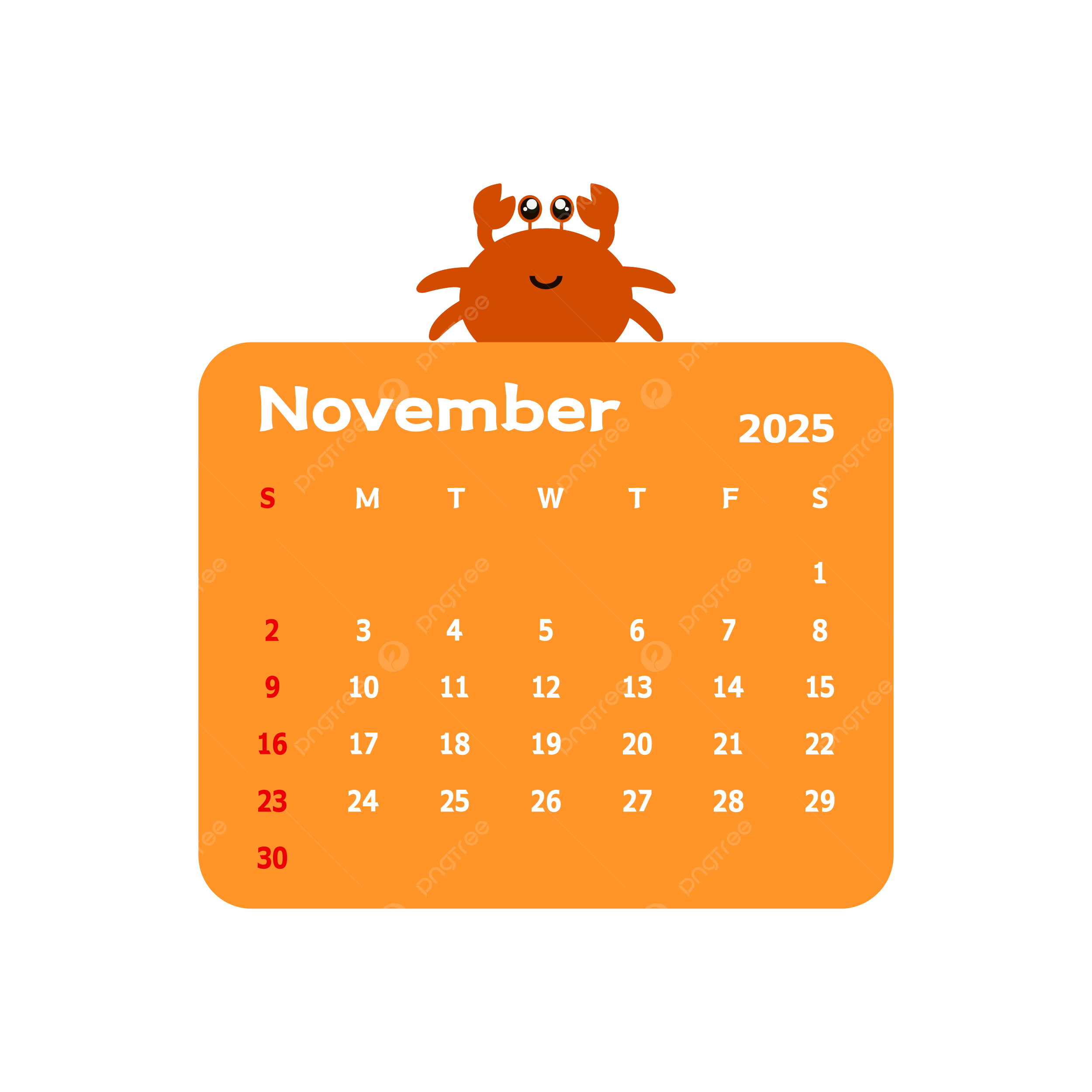 November 2025 Monthly Calendar With Cartoon Crab Vector Crab 