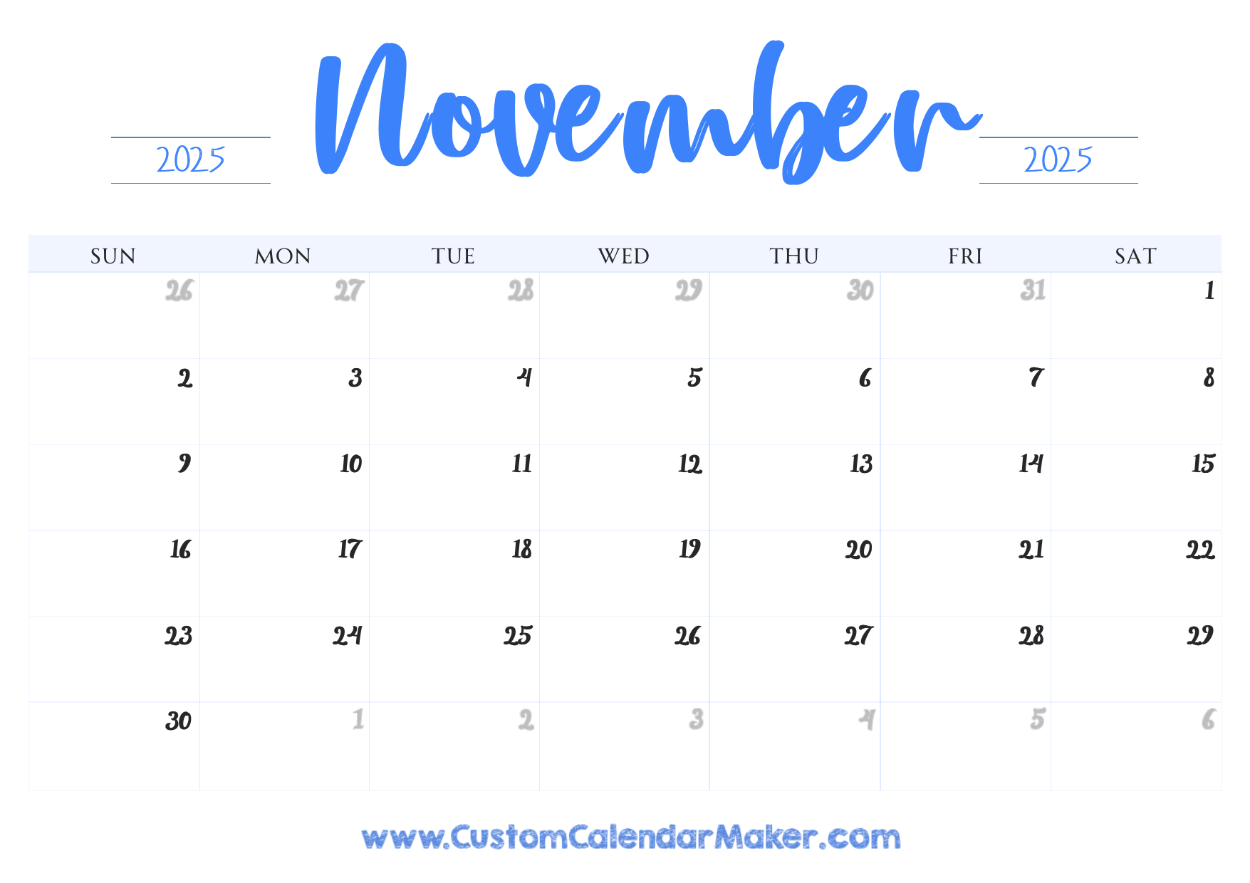 November 2025 Printable Calendar 23 Free Templates PDF Custom Calendar Maker