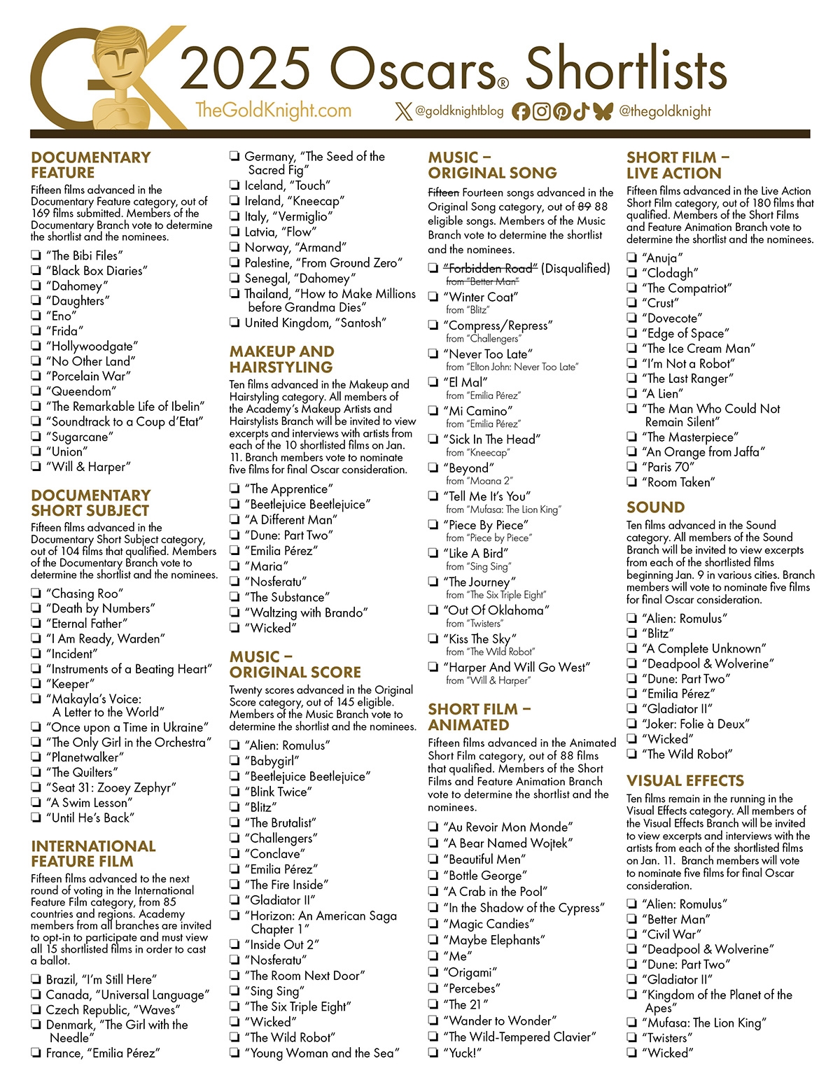 2025 Oscar Ballot Printable Free