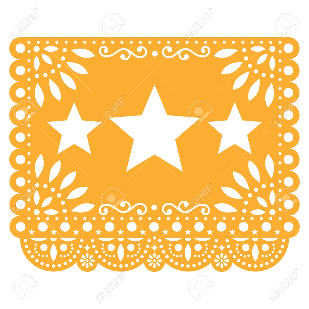 Papel Picado Vector Design With Three Stars In Yellow Mexican Paper Decoration With Flowers And Geometric Shapes Royalty Free SVG Cliparts Vectors And Stock Illustration Image 167218567