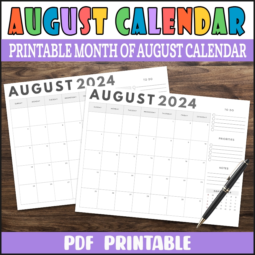 PDF Elegant Blank August 2024 Calendar Printable Minimalist 