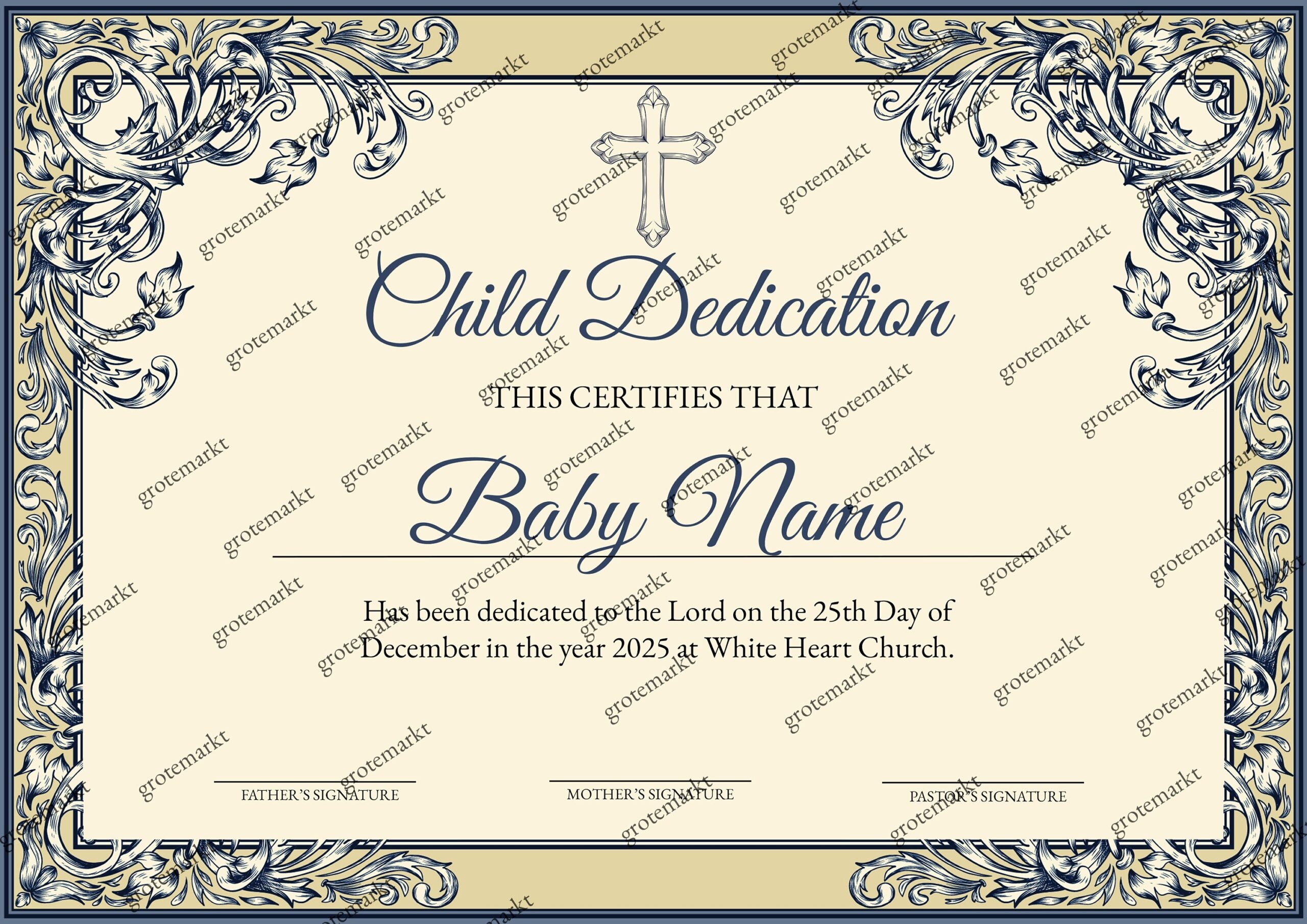 Personalized Child Dedication Certificate Template Baptism Children Christening Gold Baptism Editable Printable Church Certificate Blue 