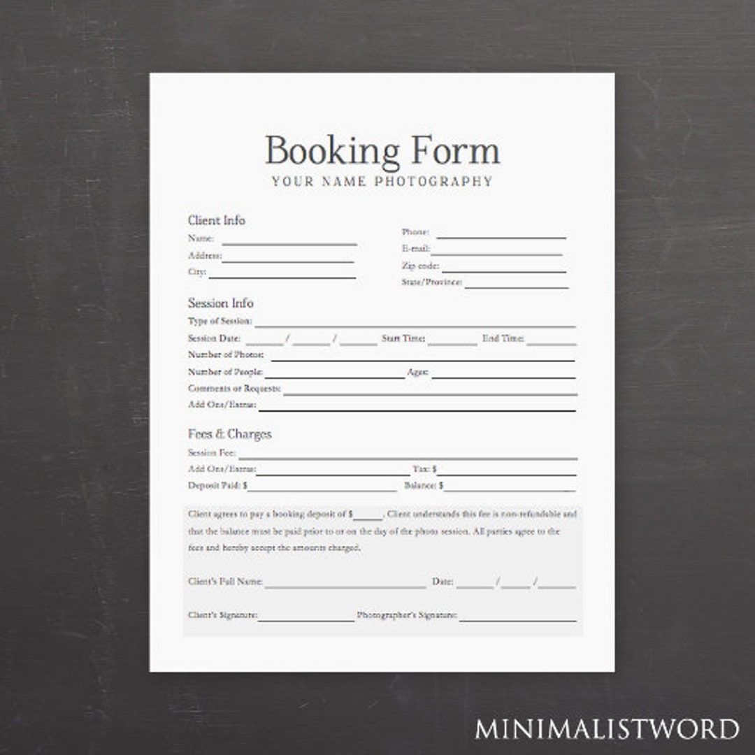 Printable Photography Booking Form Template Free
